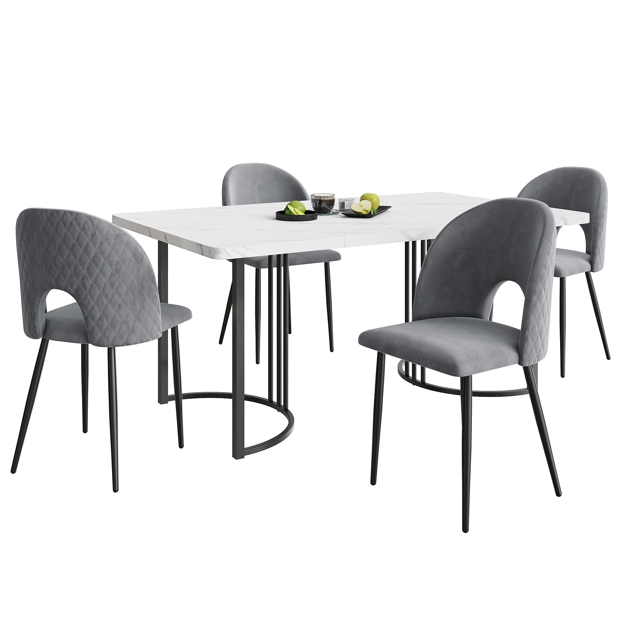 Dining Set, 140x80cm with 4 Chairs, Velvet, Gray/White/Black - Image 3