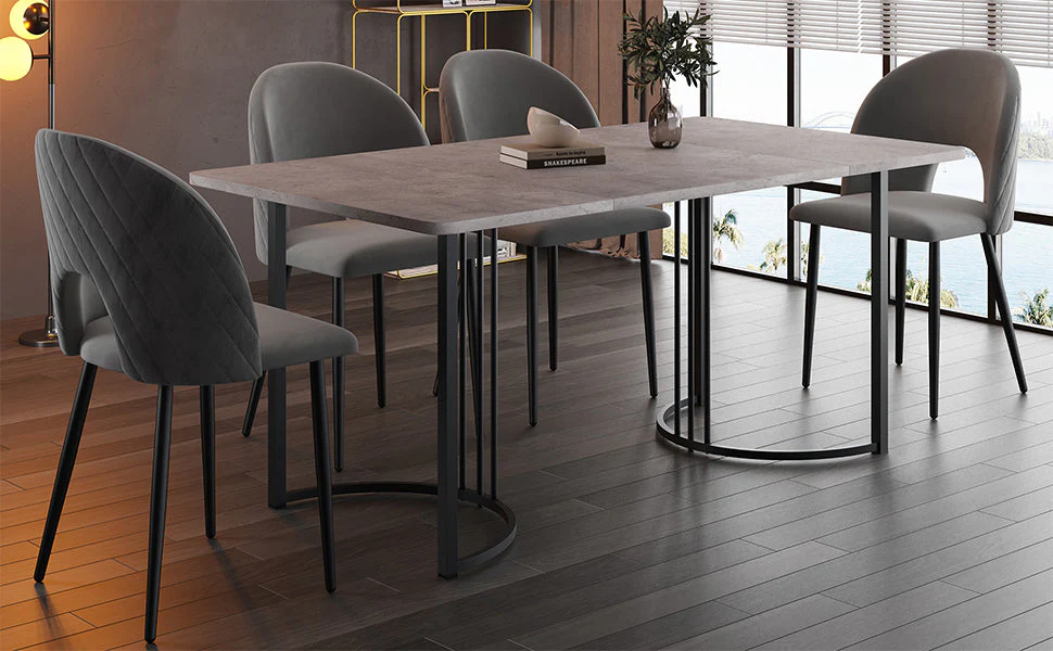 Dining Set, 140x80cm with 4 Velvet Chairs, Gray MDF & Black Legs - Image 2