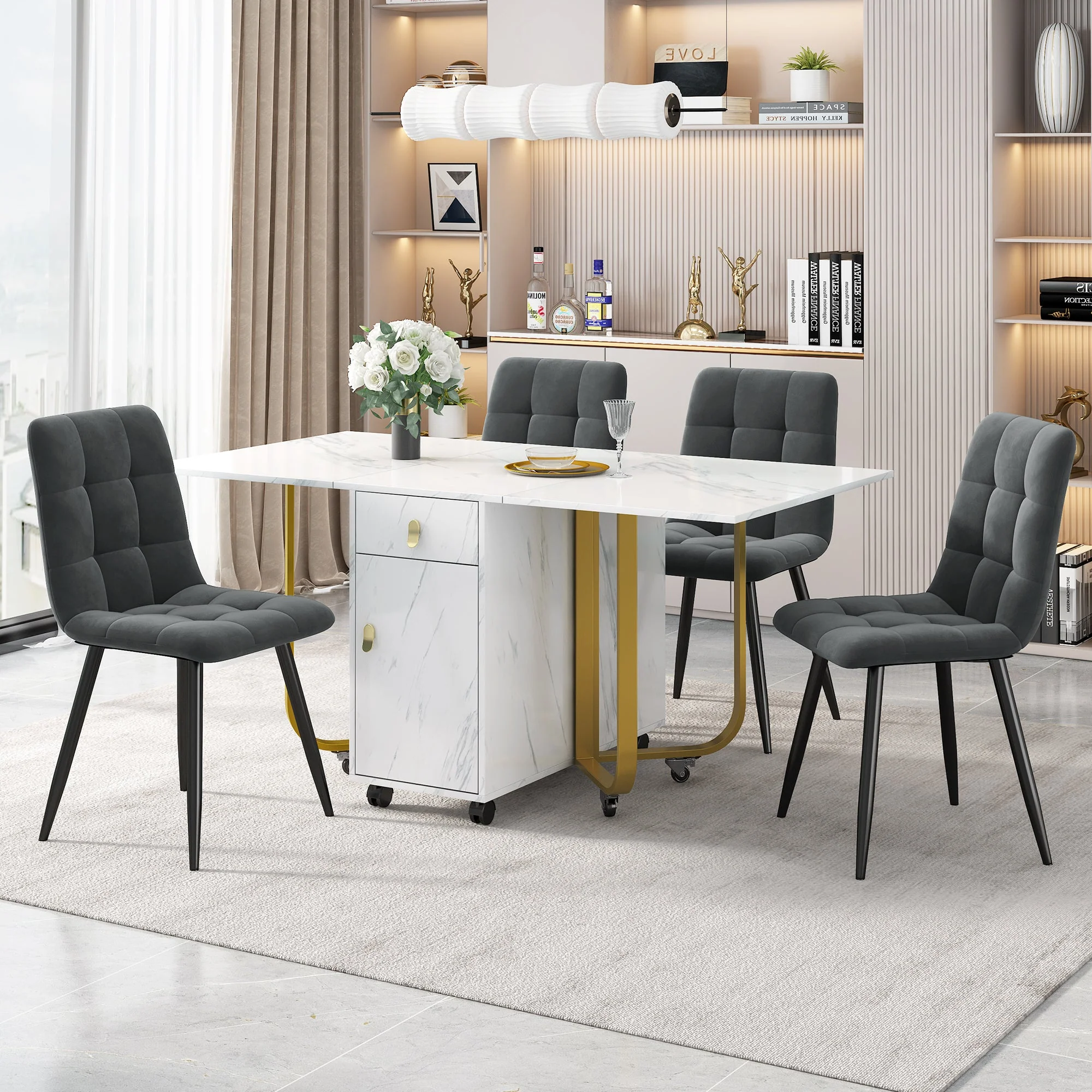 Dining Set, 150x80x76cm Folding Table, 4 Velvet Chairs, White MDF & Black Legs