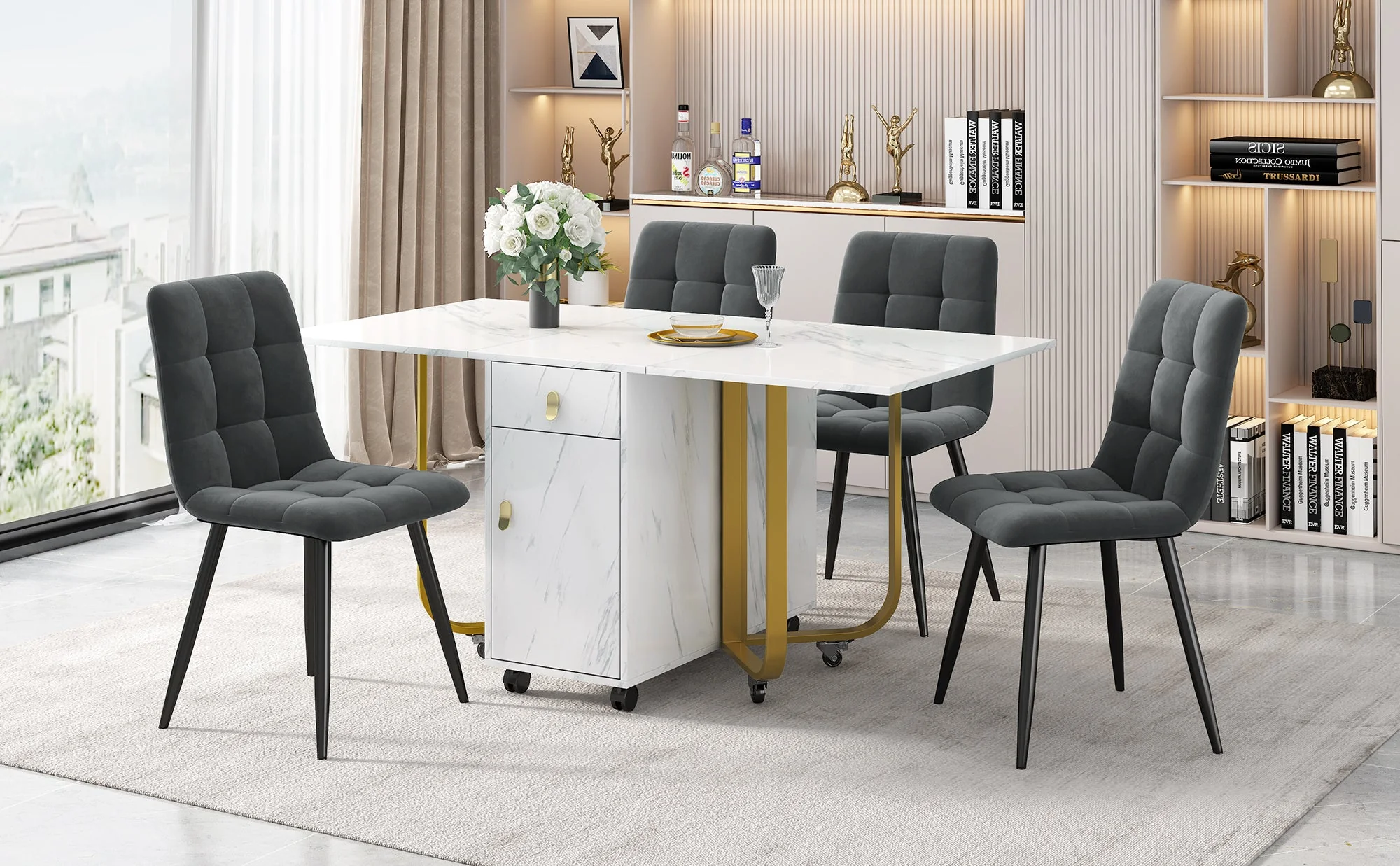 Dining Set, 150x80x76cm Folding Table, 4 Velvet Chairs, White MDF & Black Legs - Image 2