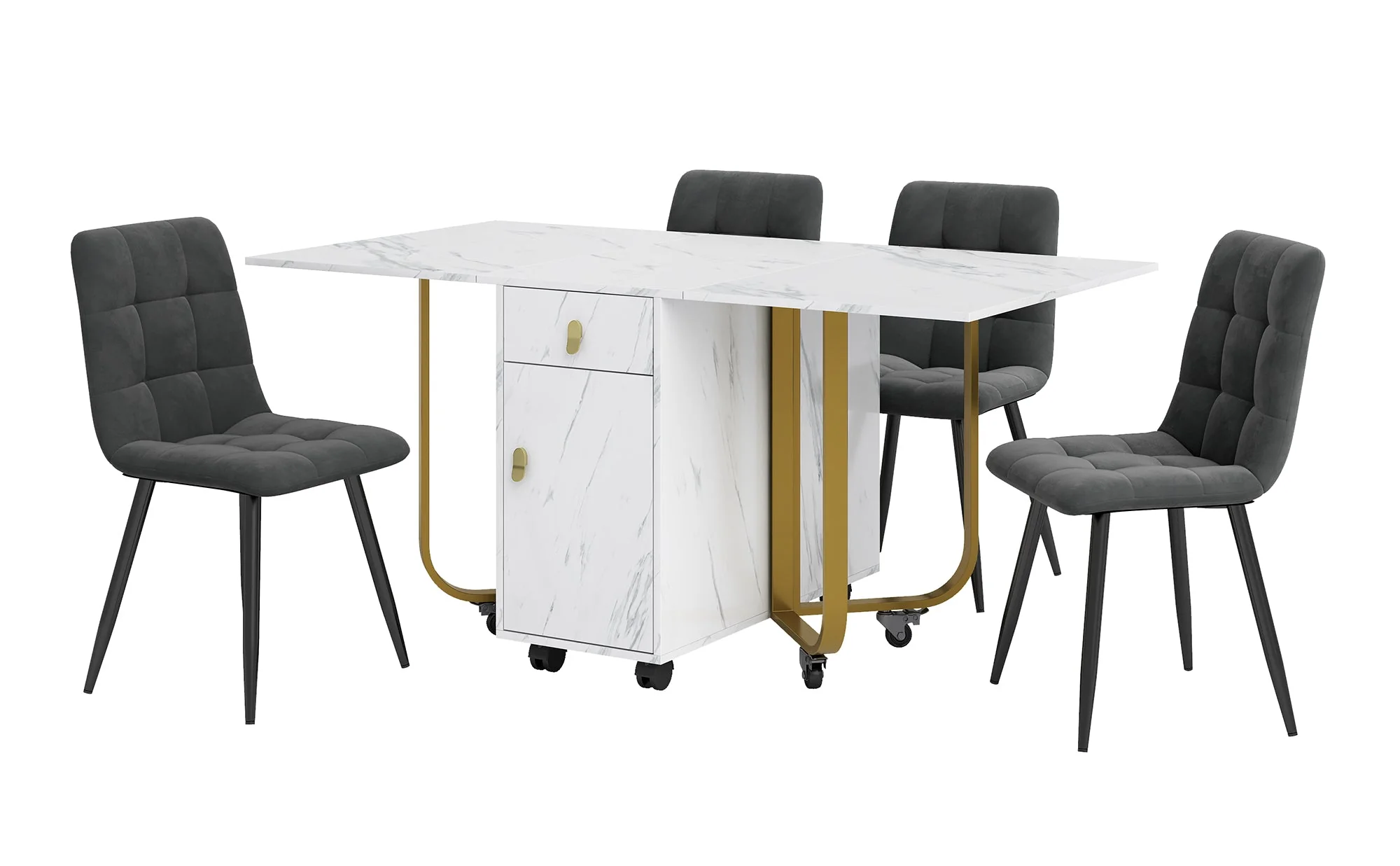 Dining Set, 150x80x76cm Folding Table, 4 Velvet Chairs, White MDF & Black Legs - Image 3