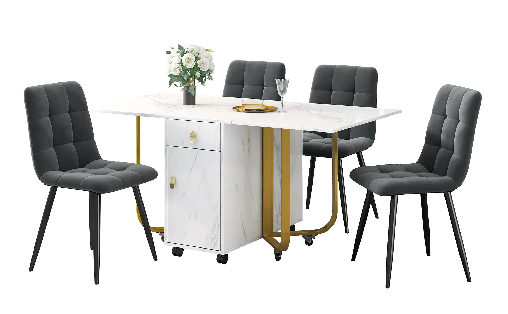 Dining Set, 150x80x76cm Folding Table, 4 Velvet Chairs, White MDF & Black Legs - Image 4