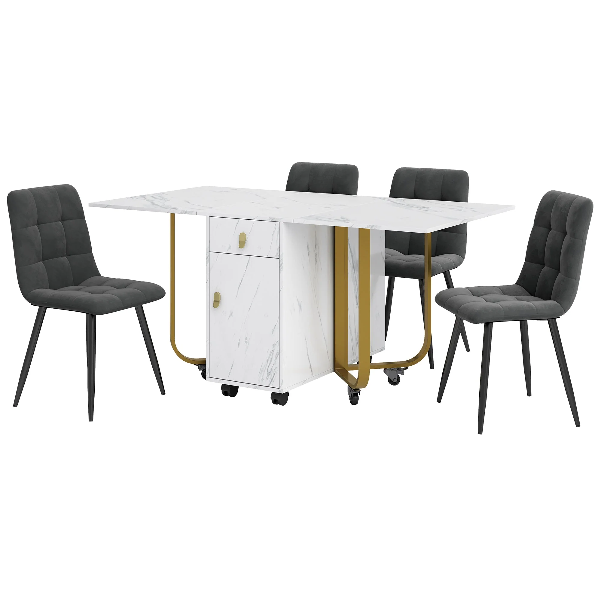 Dining Set, 150x80x76cm Folding Table, 4 Velvet Chairs, White MDF & Black Legs - Image 5