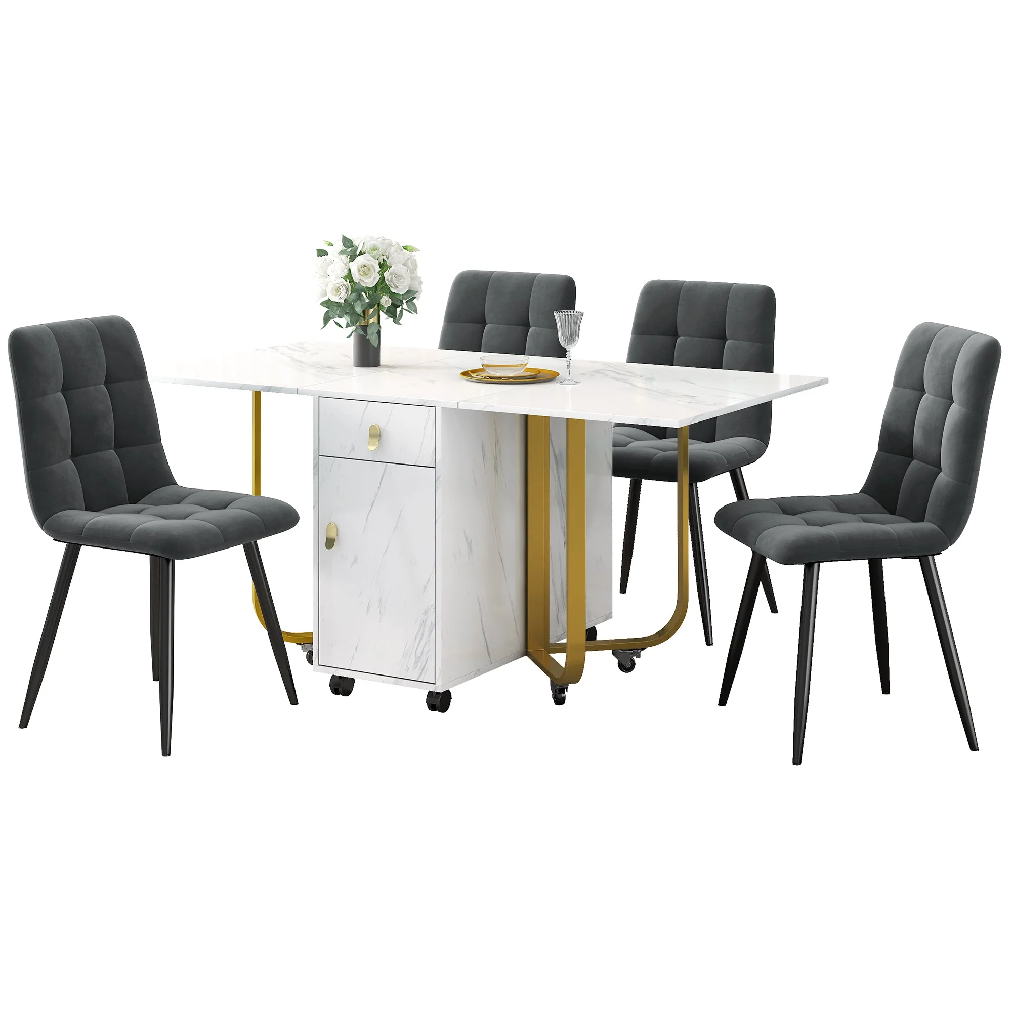 Dining Set, 150x80x76cm Folding Table, 4 Velvet Chairs, White MDF & Black Legs - Image 6
