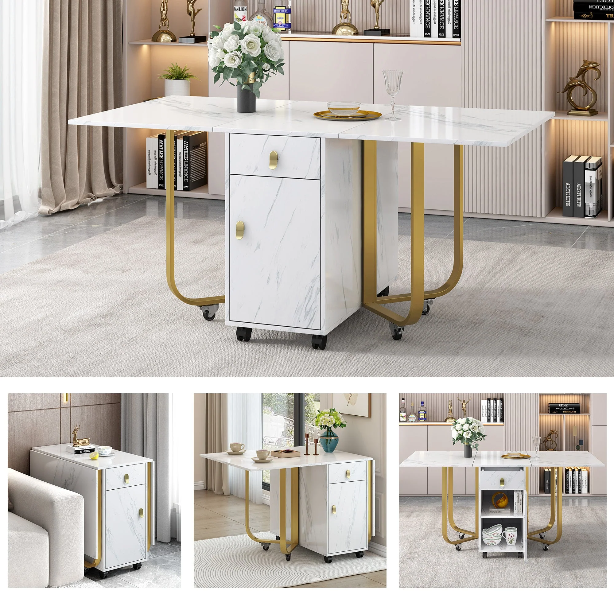 Dining Set, 150x80x76cm Folding Table, 4 Velvet Chairs, White MDF & Black Legs - Image 7