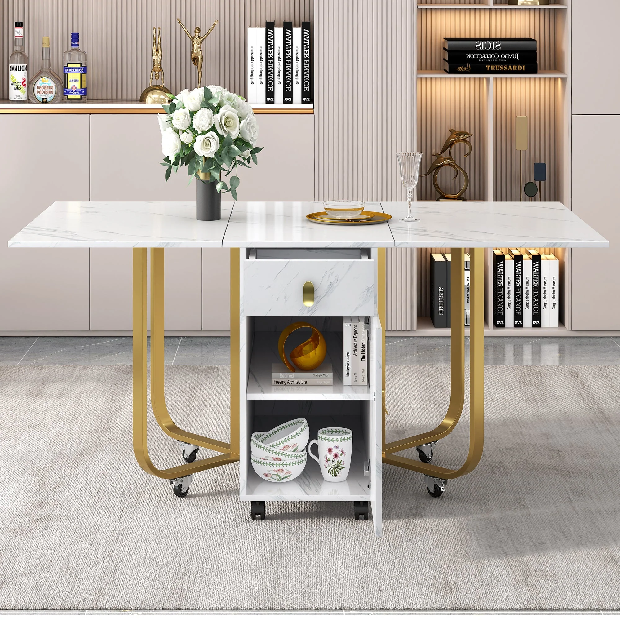 Dining Set, 150x80x76cm Folding Table, 4 Velvet Chairs, White MDF & Black Legs - Image 8