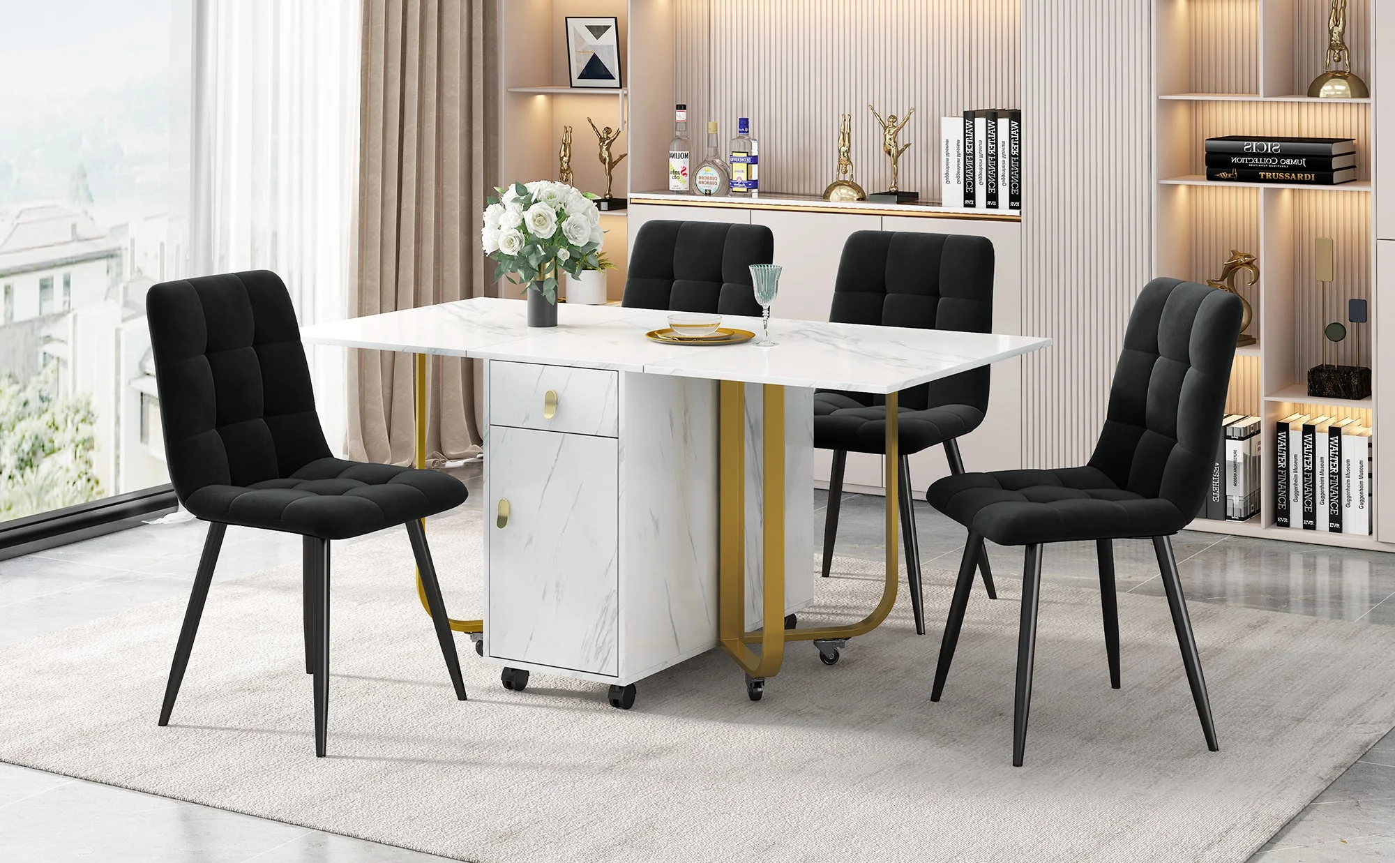 Dining Set, 4-Chair Folding Kitchen Table, Velvet Chairs, White MDF & Black Legs - Image 2