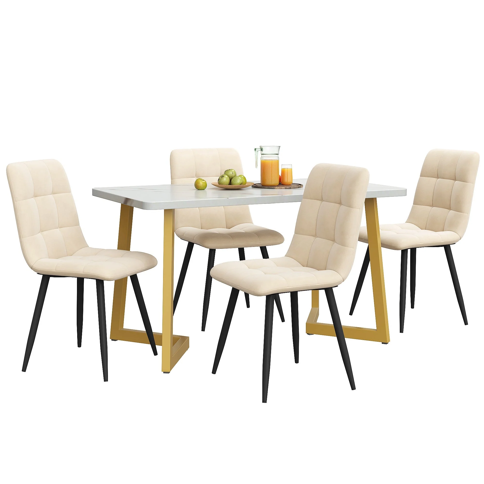 Dining Set 5-Piece 117cm Rectangular Modern Table Beige Velvet Gold Legs - Image 2