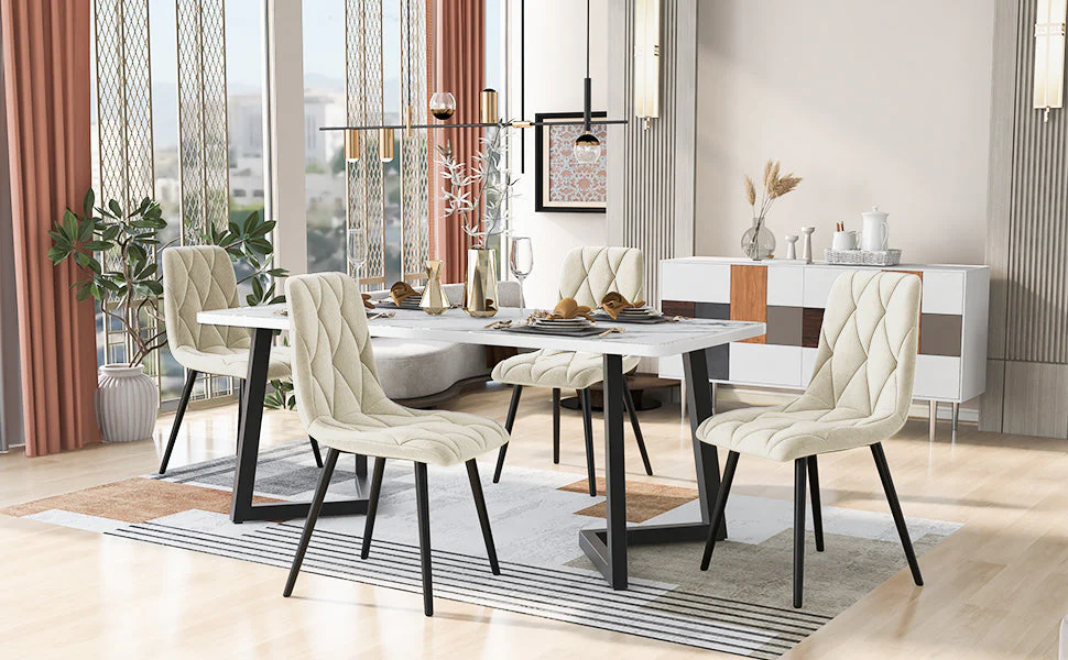 Dining Set 5-Piece 117x68cm Rectangular Kitchen Table Beige Twill Velvet/Black Legs - Image 4