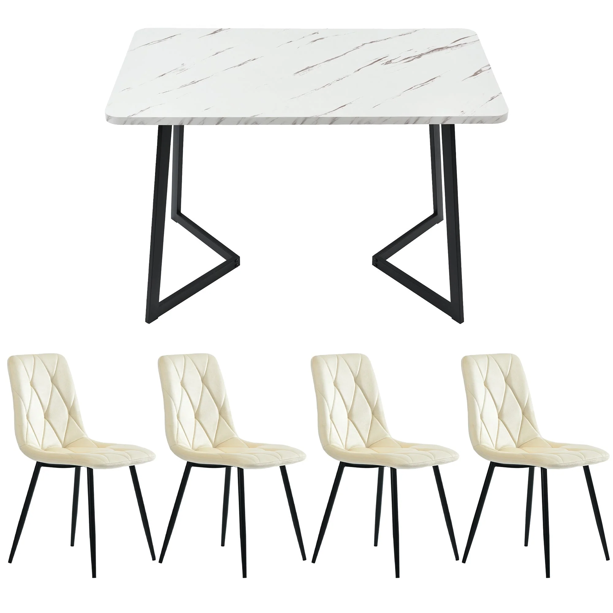 Dining Set 5-Piece 117x68cm Rectangular Kitchen Table Beige Twill Velvet/Black Legs - Image 7