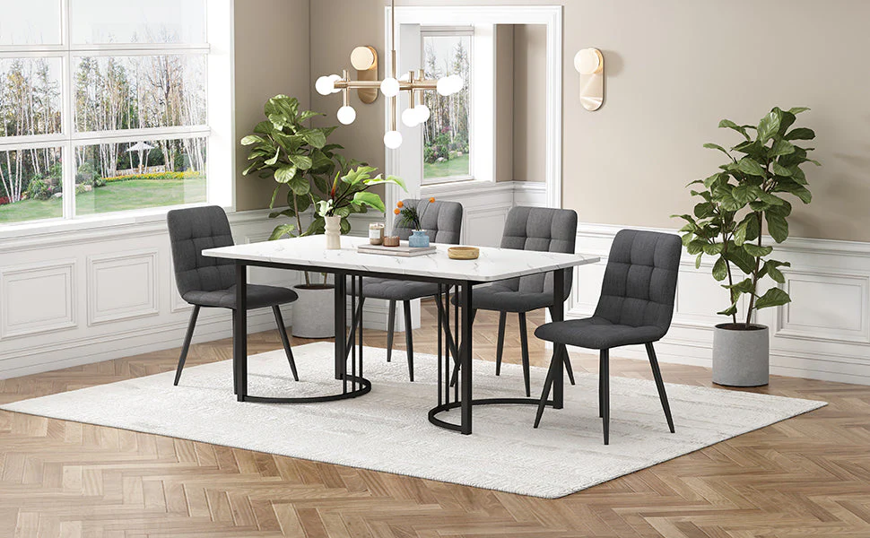 Dining Set 5-Piece 140x80cm Modern Kitchen 4 Chairs Black Legs - White MDF Dark Grey Linen - Image 2