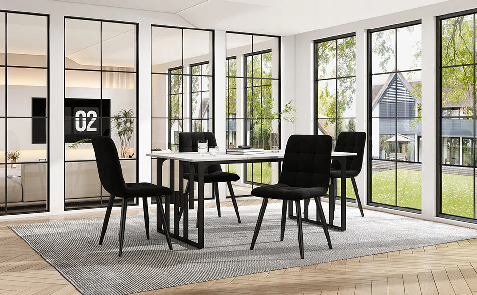 Dining Set (5-piece), 140x80cm Table with Black Metal Legs, White MDF & Black Velvet - Image 2