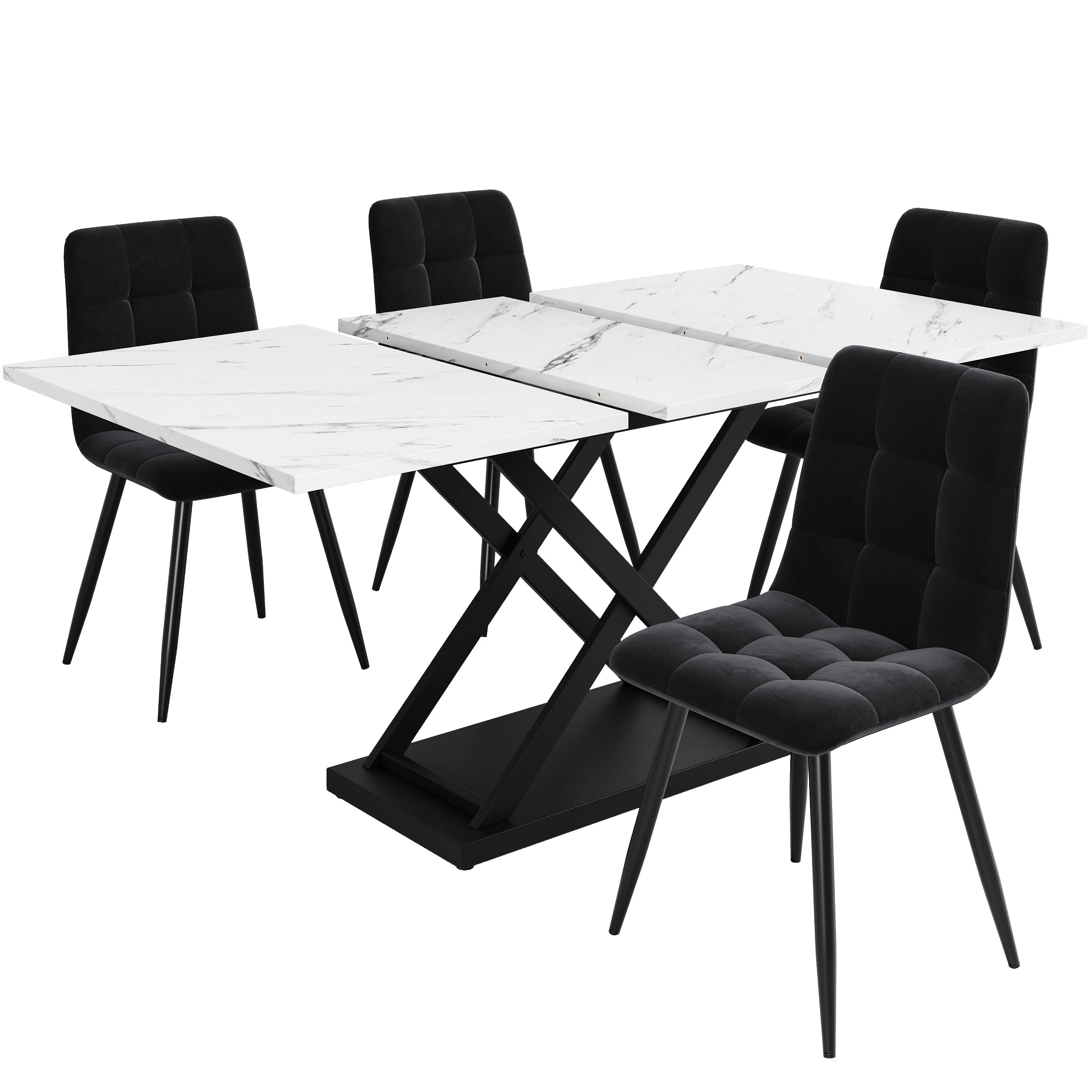 Dining Set (5-Piece) Extendable for 4 People with Black Velvet Chairs and White Marble Table - Image 4