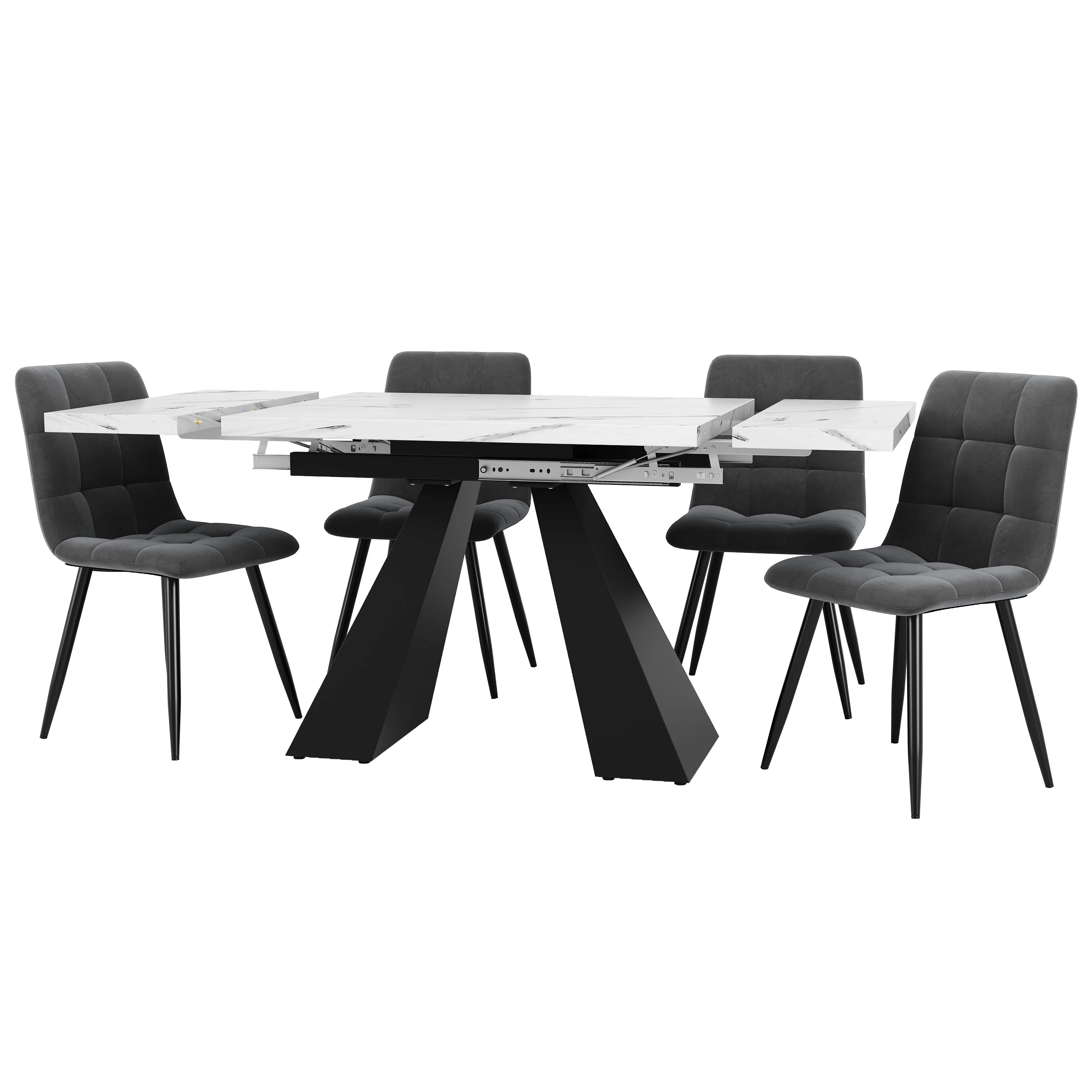 Dining Set 5-Piece Extendable Marble Effect 4 Velvet Chairs - Grey/Black - Image 3