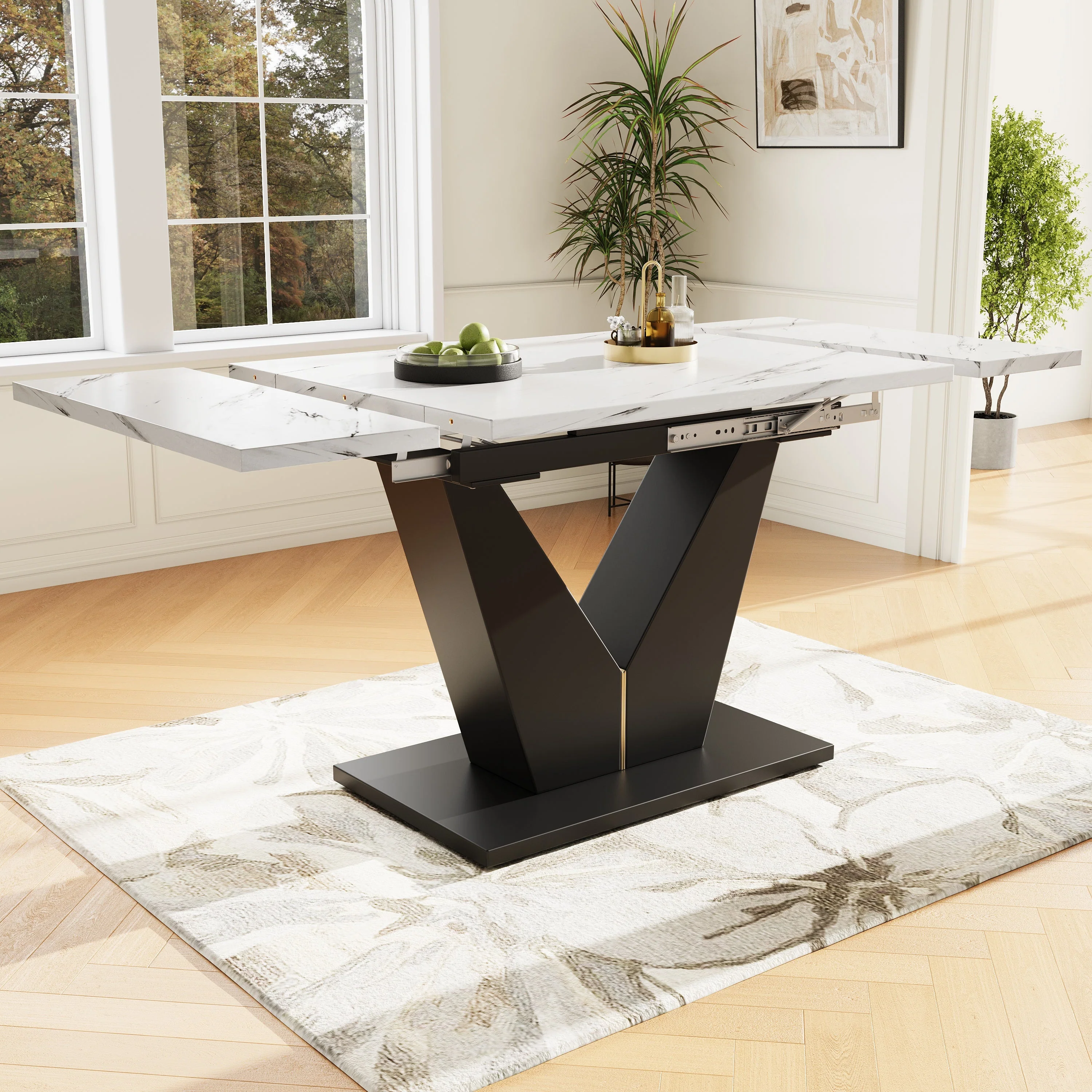 Dining Set 5-Piece Extendable Table 4 Velvet Chairs - White Marble/Grey - Image 3