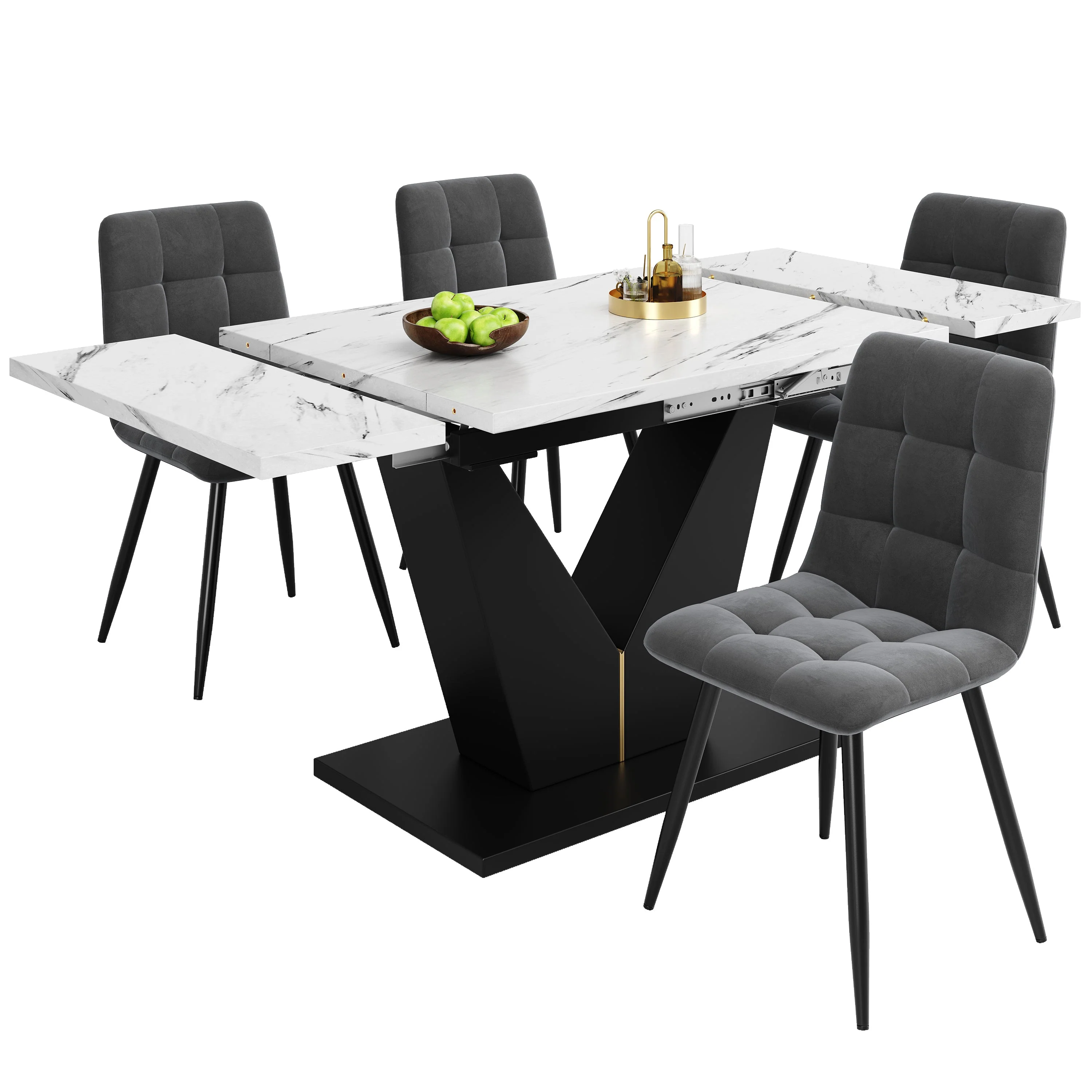 Dining Set 5-Piece Extendable Table 4 Velvet Chairs - White Marble/Grey - Image 5