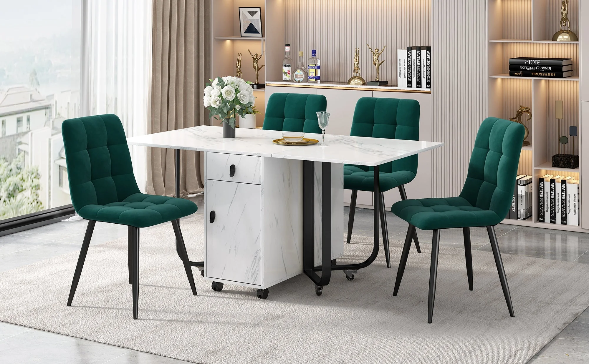 Dining Set 5-Piece Folding Kitchen Table Velvet Chairs White MDF Black - Image 2