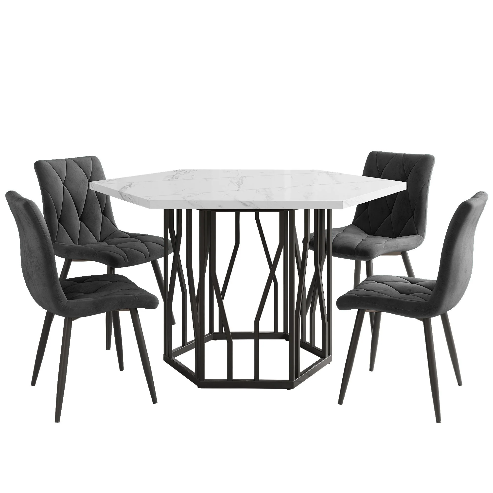 Dining Set 5-Piece, Hexagonal Marble Table with 4 Velvet Chairs, Grey Velvet - Image 4