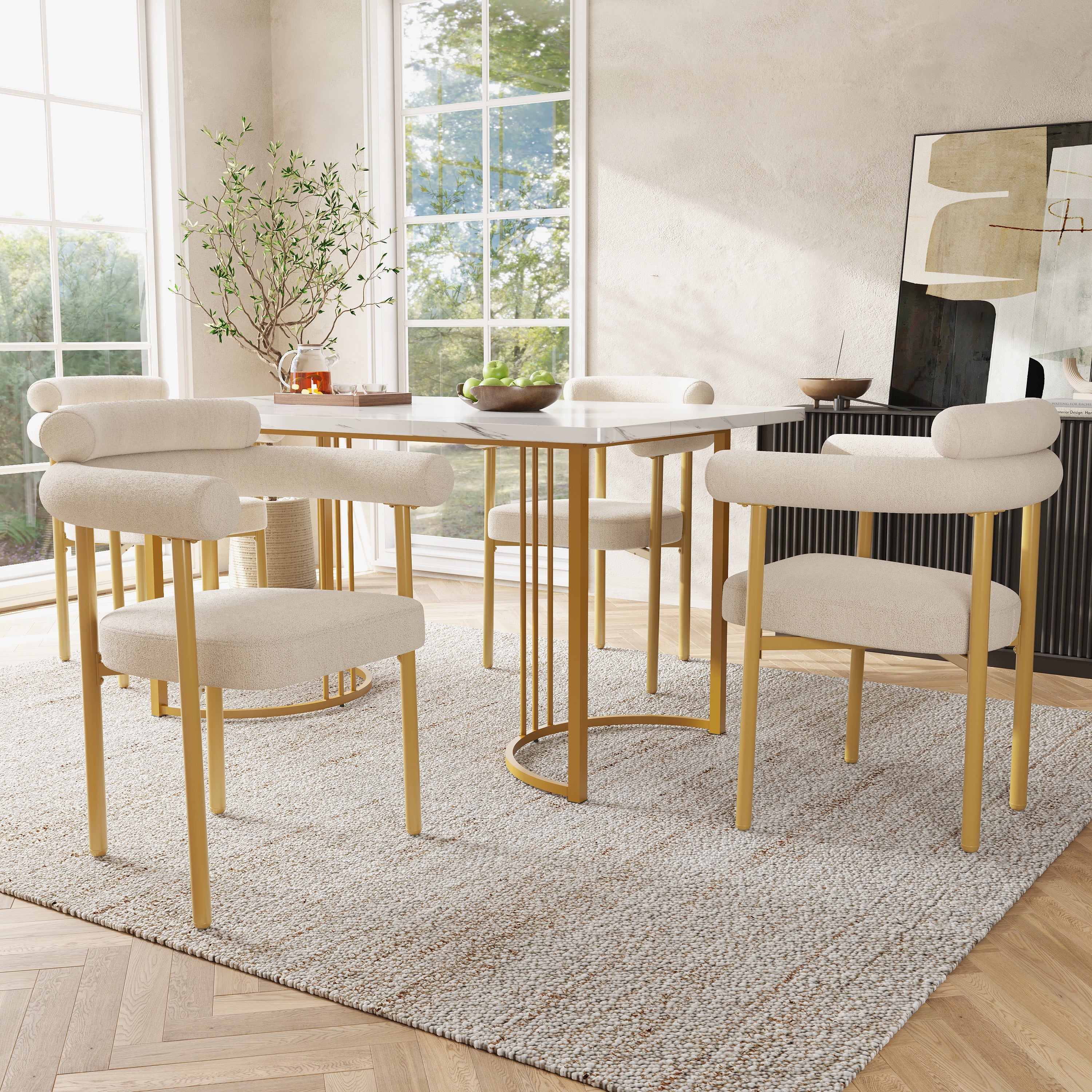 Dining Set 5-Piece Metal Leg Table 4 Hollow Armchairs - Gold Suede Fabric
