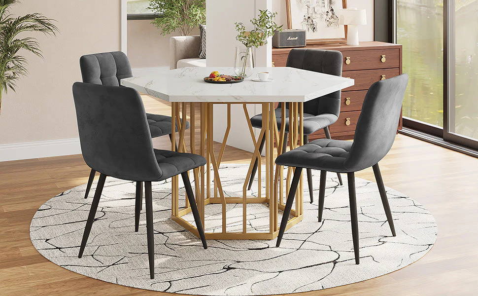 Dining Set 5-Piece Modern Hexagonal Marble Table 4 Grey Velvet Chairs Gold - Image 2