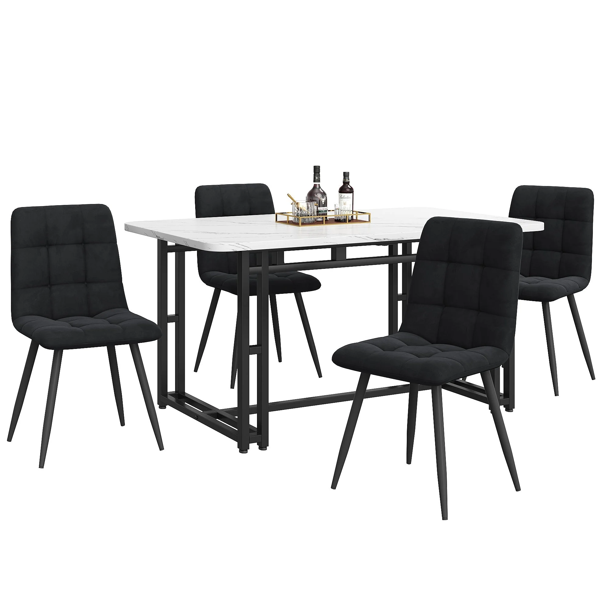 Dining Set (5-Piece) Modern Kitchen Table 140x80cm with Black Velvet Chairs, Black Iron - Image 3