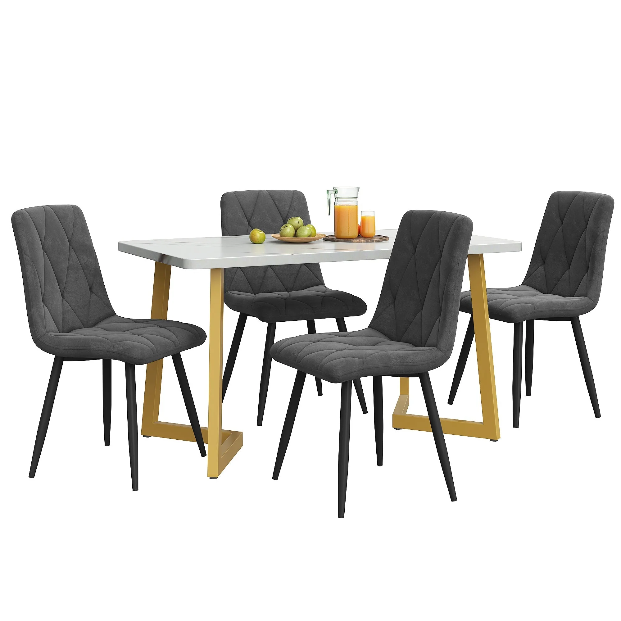 Dining Set 5-Piece Rectangular 117x68cm Table & 4 Chairs Dark Grey Velvet Gold - Image 3
