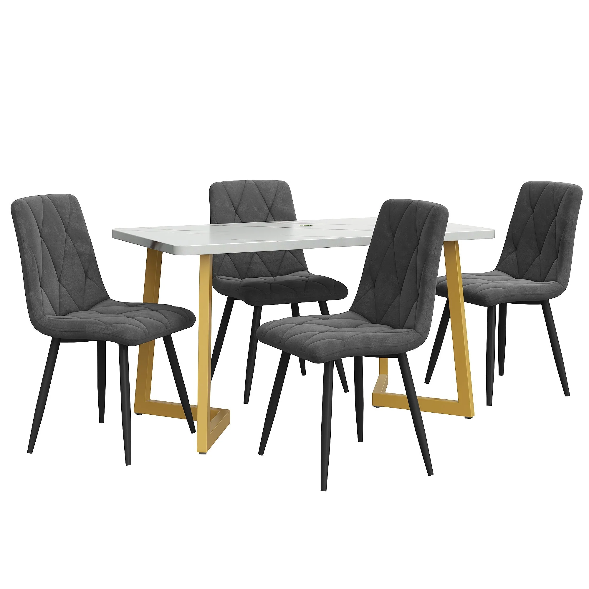 Dining Set 5-Piece Rectangular 117x68cm Table & 4 Chairs Dark Grey Velvet Gold - Image 4