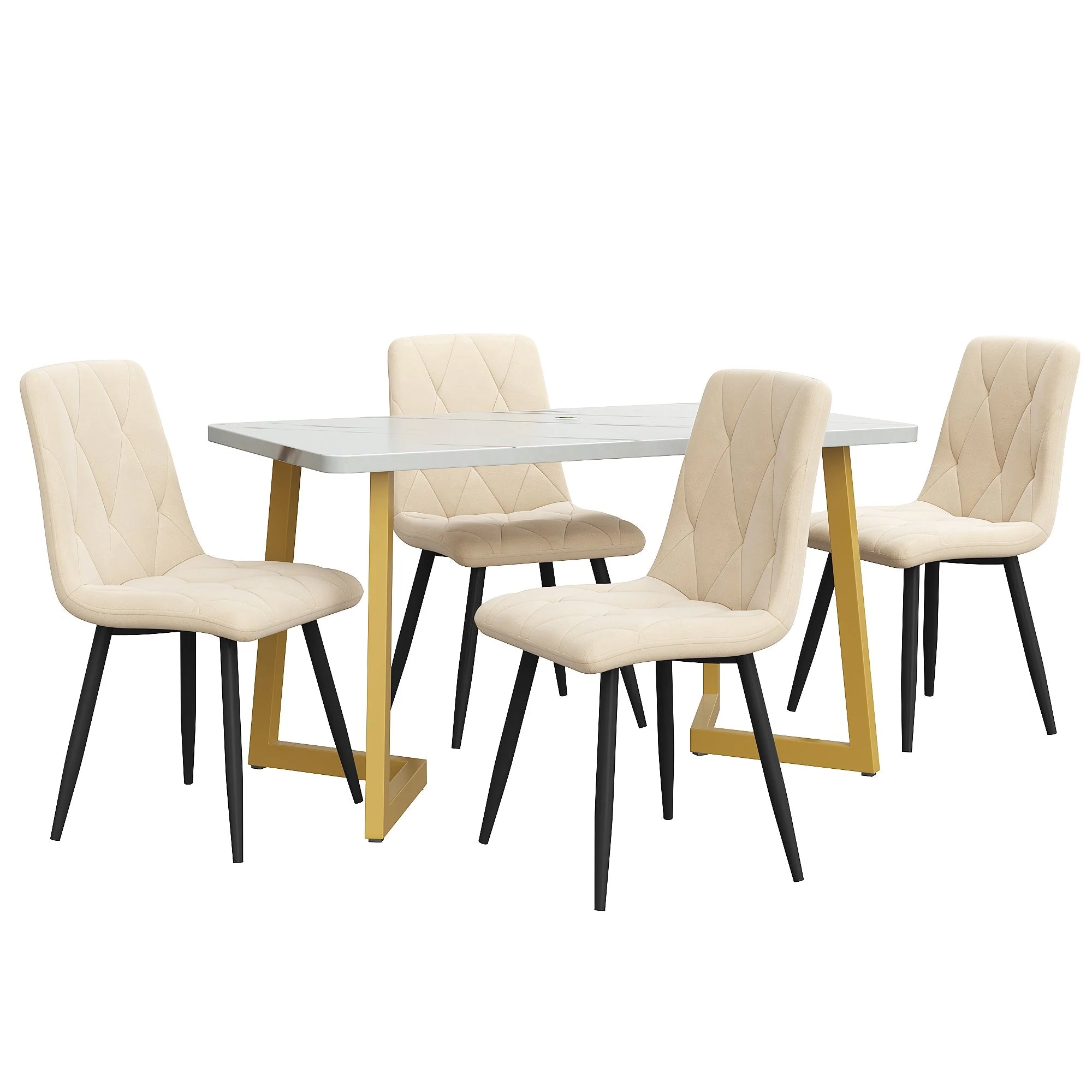 Dining Set 5-Piece Rectangular 117x68cm Table with 4 Chairs Beige Twill Velvet Gold Legs - Image 6