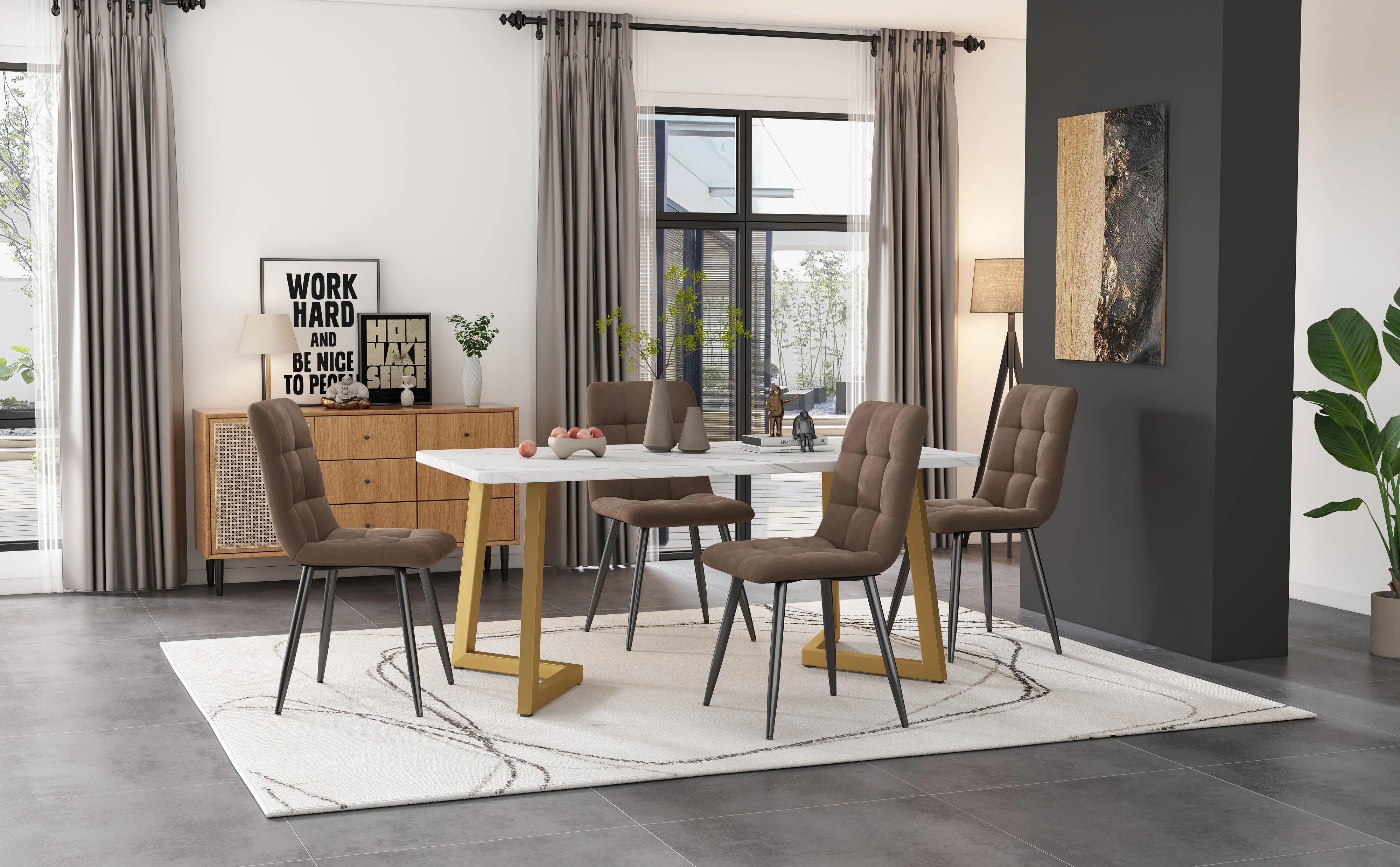 Dining Set 5-Piece Rectangular Modern Kitchen Table 4 Chairs Brown Velvet Gold Legs - Image 2