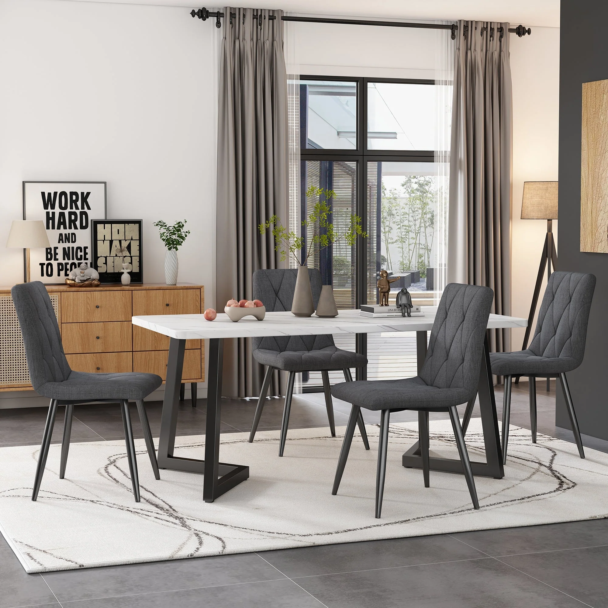 Dining Set 5-Piece Rectangular Table 117x68cm with 4 Chairs, Dark Grey Twill Linen Fabric and Black Metal Legs