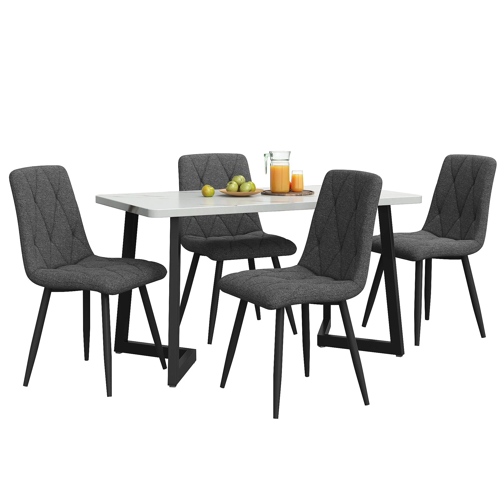 Dining Set 5-Piece Rectangular Table 117x68cm with 4 Chairs, Dark Grey Twill Linen Fabric and Black Metal Legs - Image 3