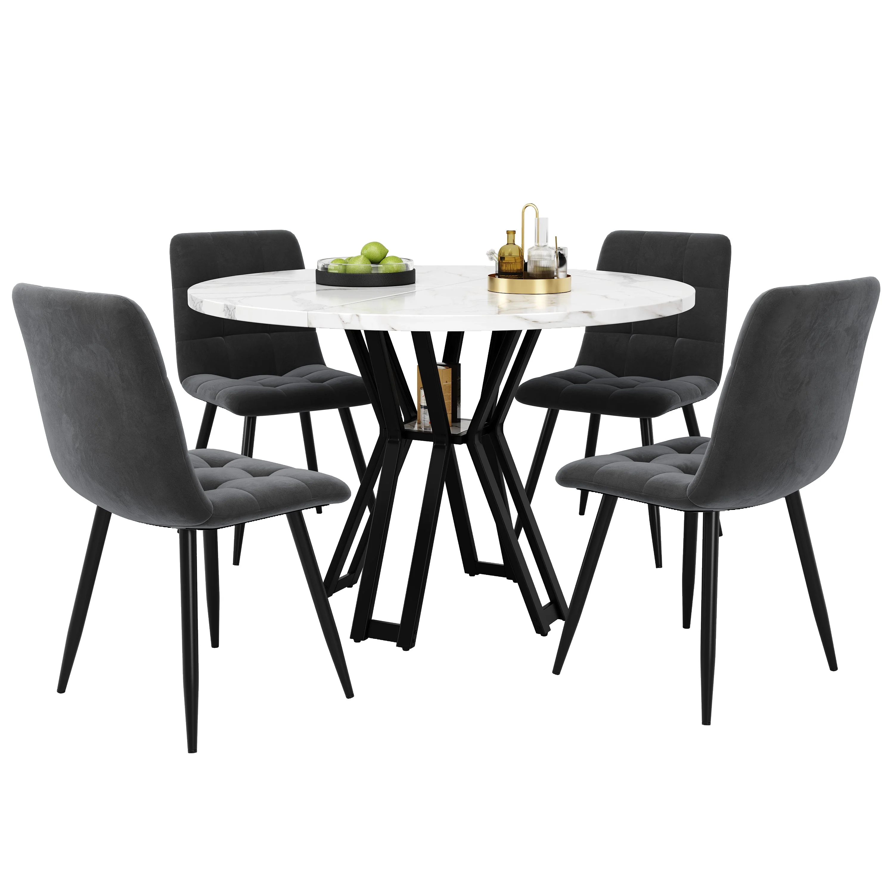 Dining Set 5-Piece Round 100cm Marble Top 4 Velvet Chairs - White/Grey/Black - Image 6