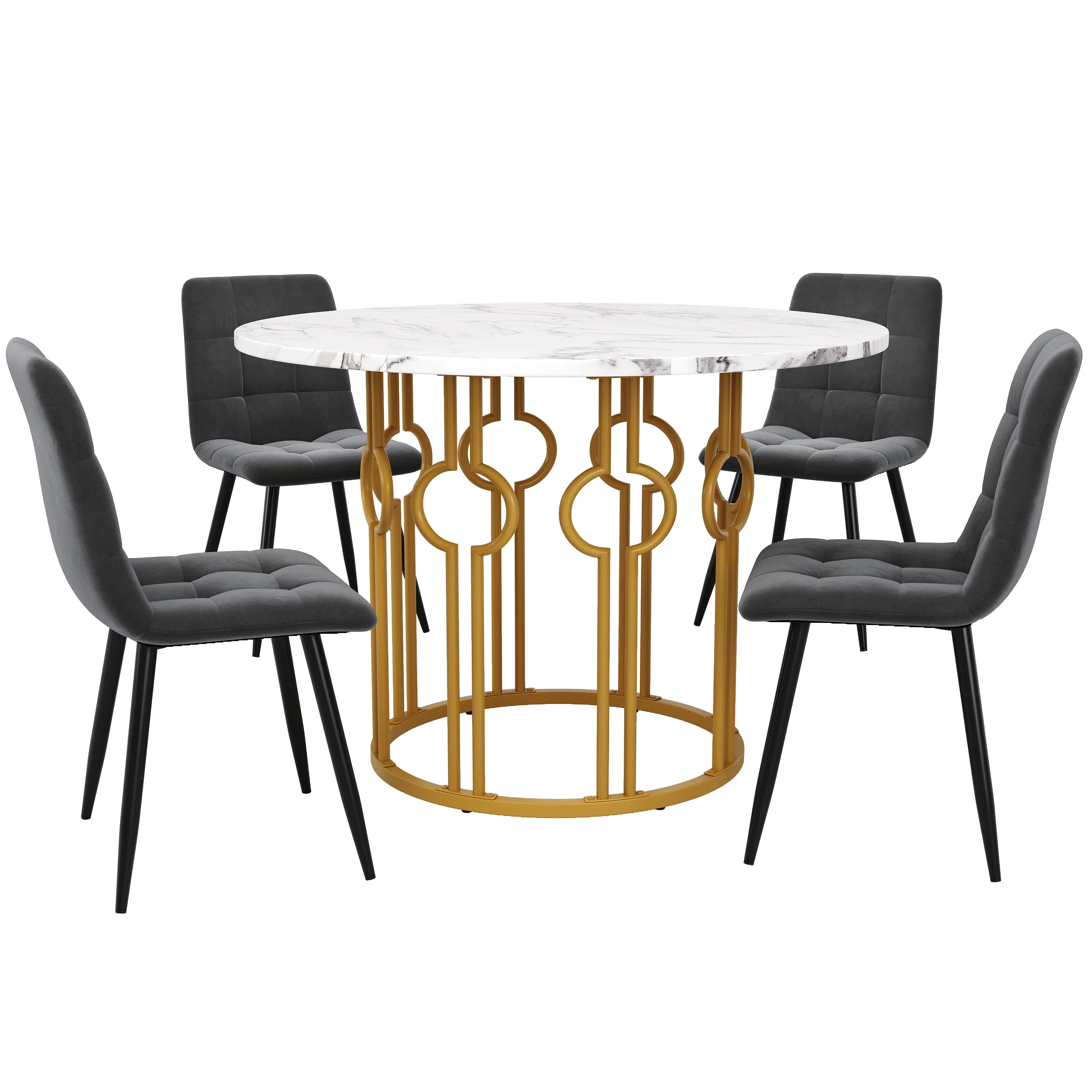 Dining Set 5-Piece Round Table 100cm, 4 Chairs, Gold Metal Legs, White MDF Top | Dark Grey Velvet - Image 2