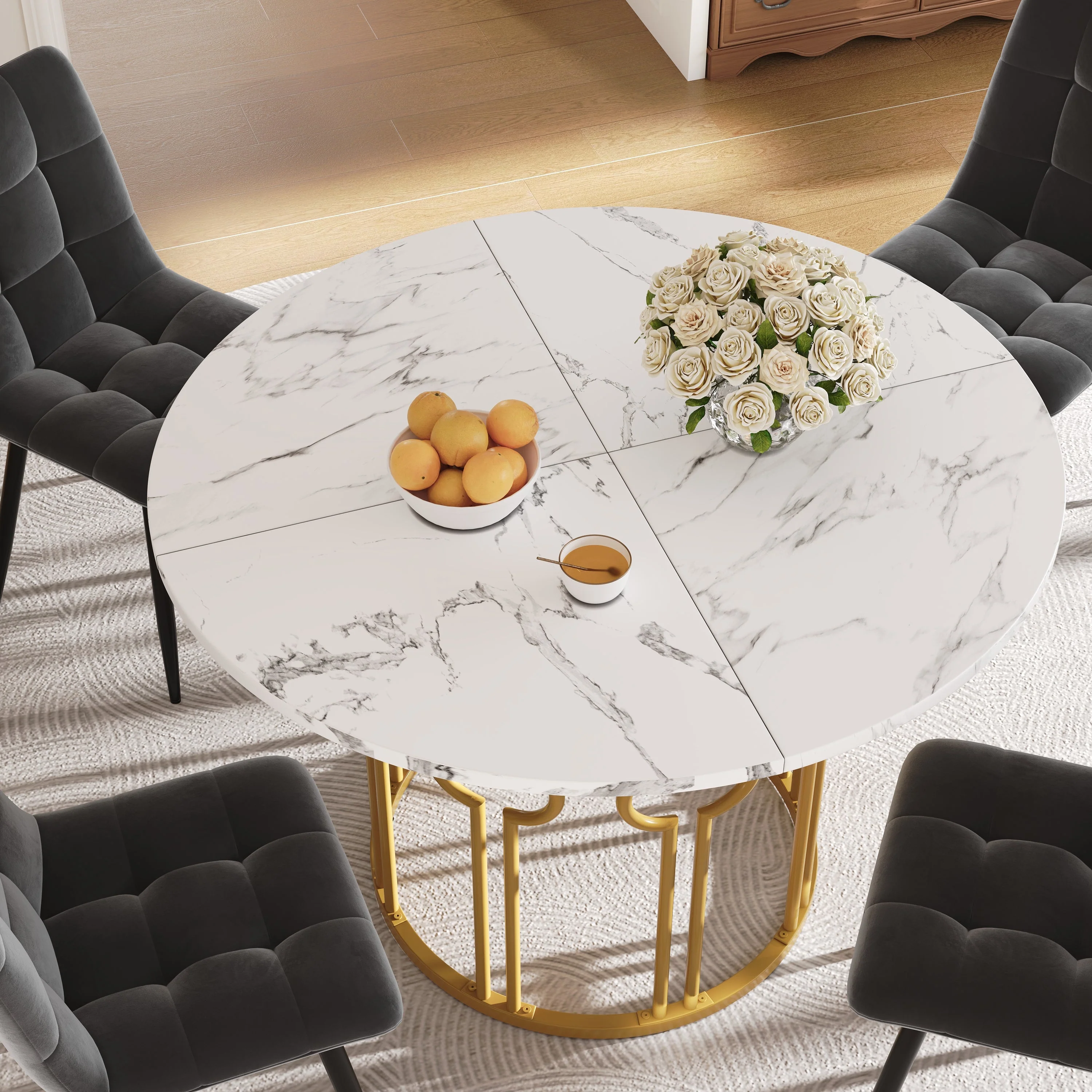 Dining Set 5-Piece Round Table 100cm, 4 Chairs, Gold Metal Legs, White MDF Top | Dark Grey Velvet - Image 9