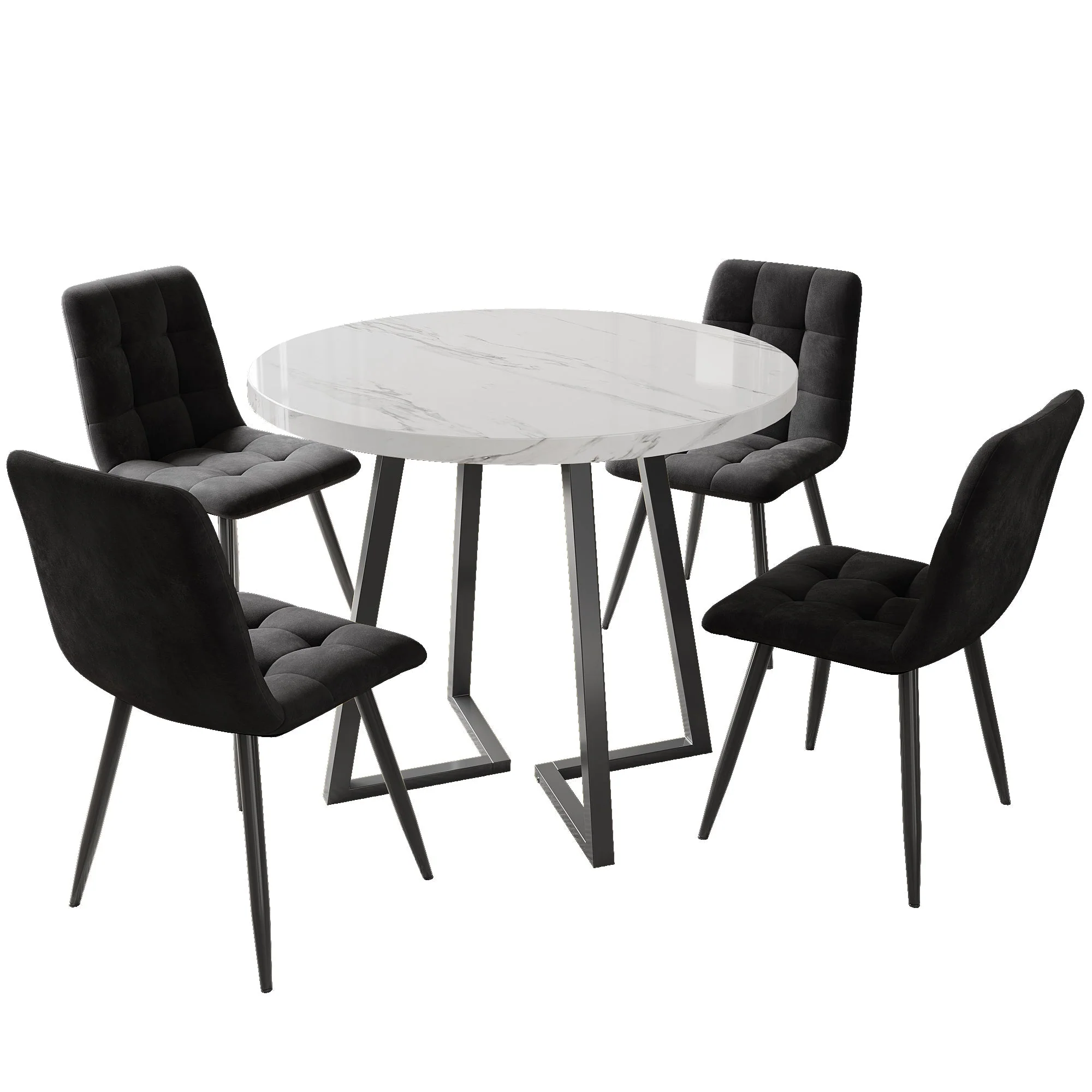 Dining Set 5-Piece Round Table Black Metal White MDF Black Velvet - Image 2