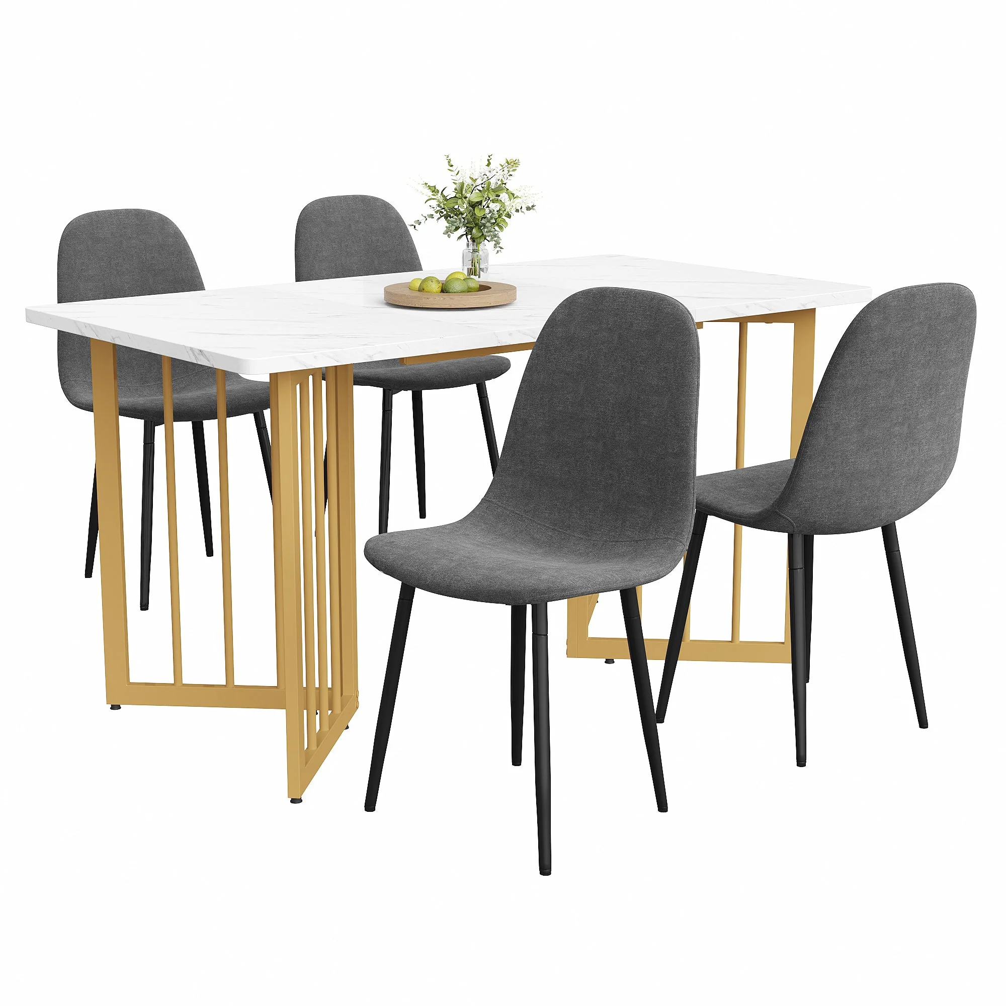 Dining Set (5-Piece), Table with 4 Modern Chairs, Metal Legs, Grey Linen - Image 3