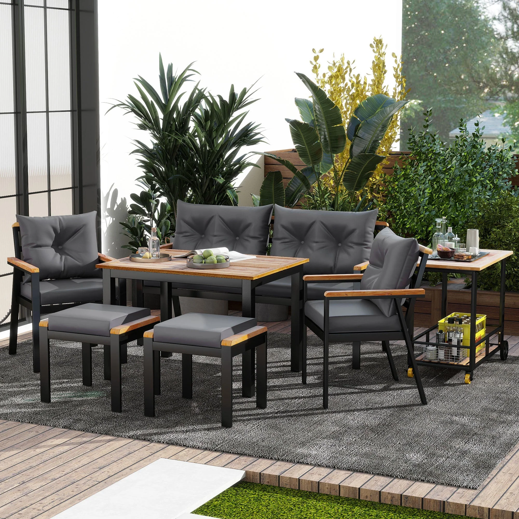 Dining Set, 6-7 Seater with Armchairs & Removable Trolley, Acacia Wood