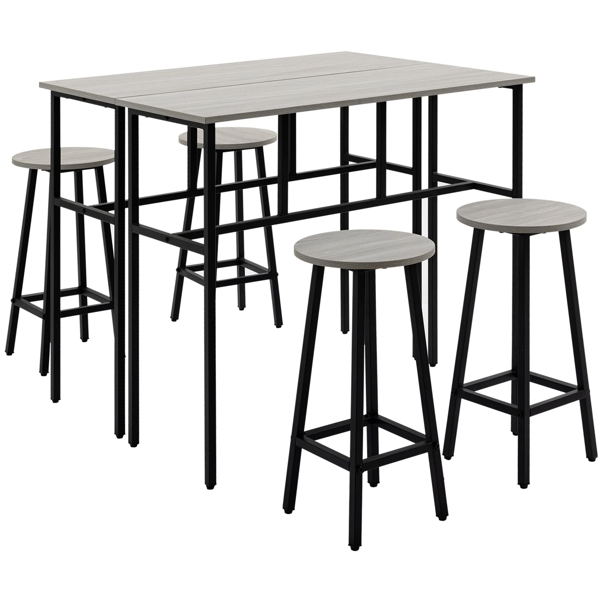 Dining Set, 6-Piece with 2 Bar Tables and 4 Stools, Industrial Design, Gray and Black Chipboard and Steel - Image 2