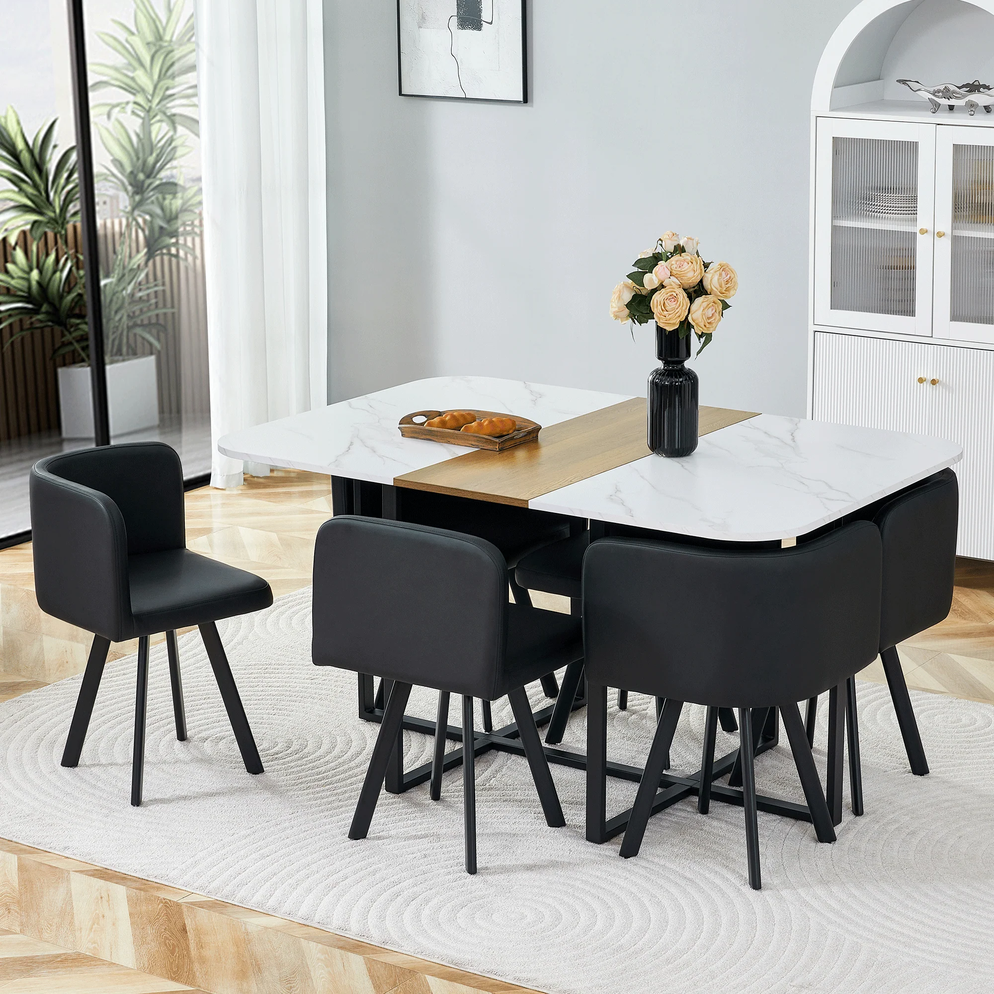 Dining Set Extendable Table & Folding Chairs - White/Black