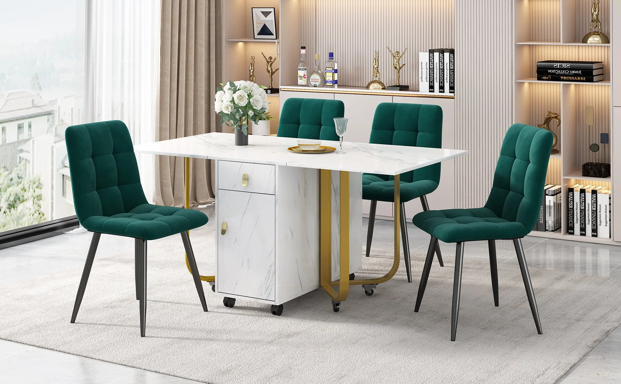 Dining Set, Folding 150cm Table & 4 Velvet Chairs, White MDF/Black Legs - Image 2