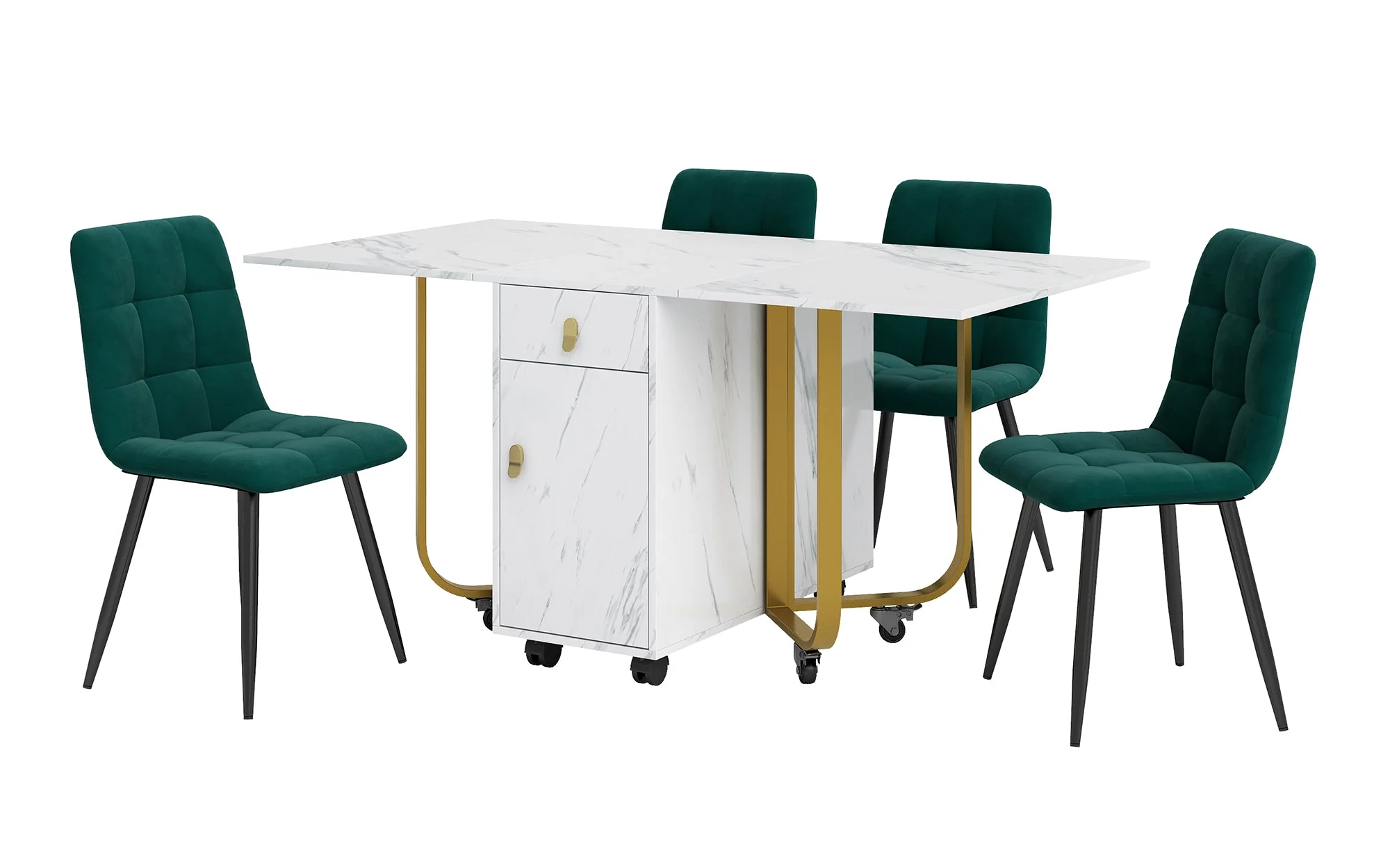 Dining Set, Folding 150cm Table & 4 Velvet Chairs, White MDF/Black Legs - Image 3