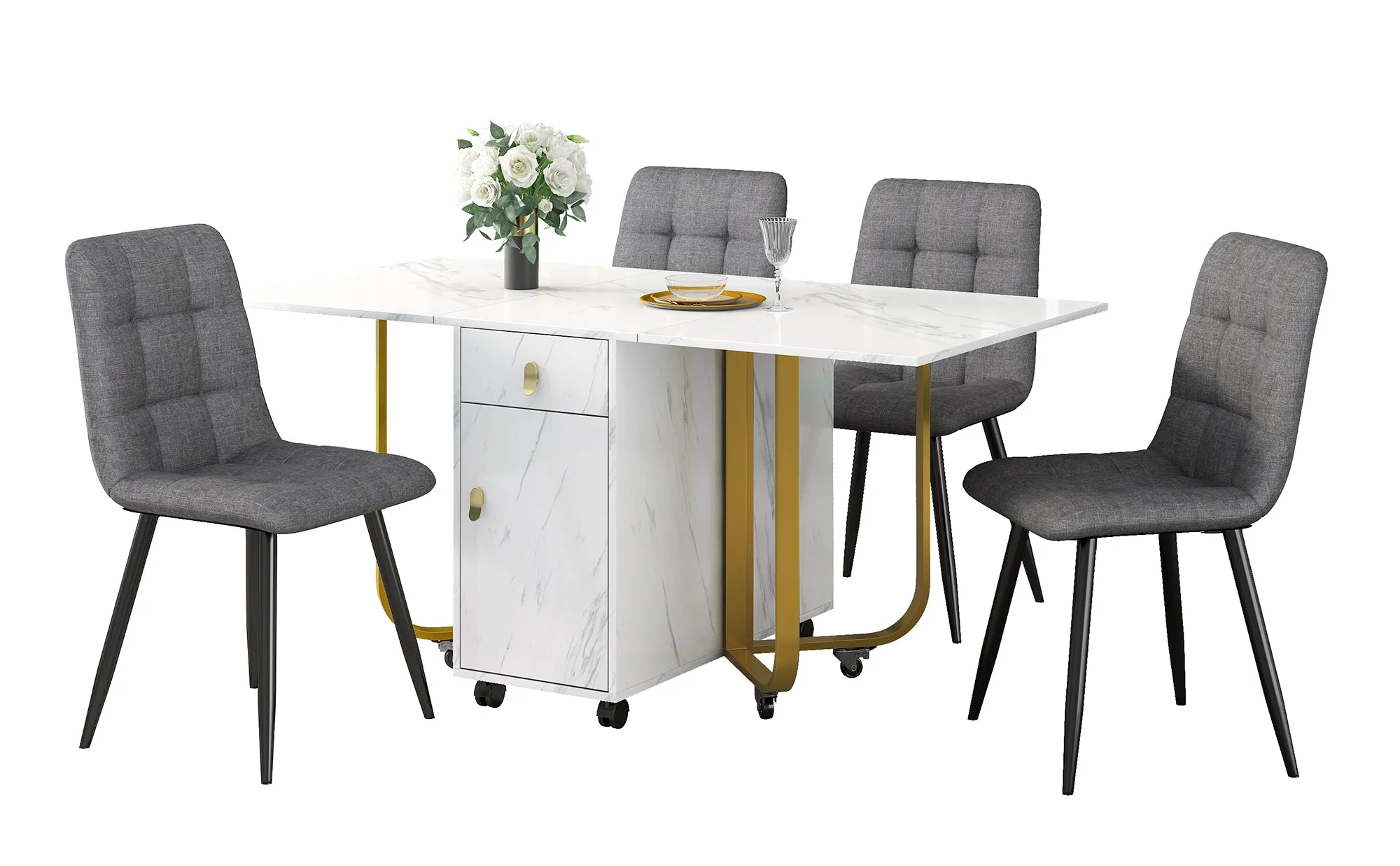 Dining Set, Folding Kitchen Table with 4 Linen Chairs, White MDF & Black Legs - Image 4