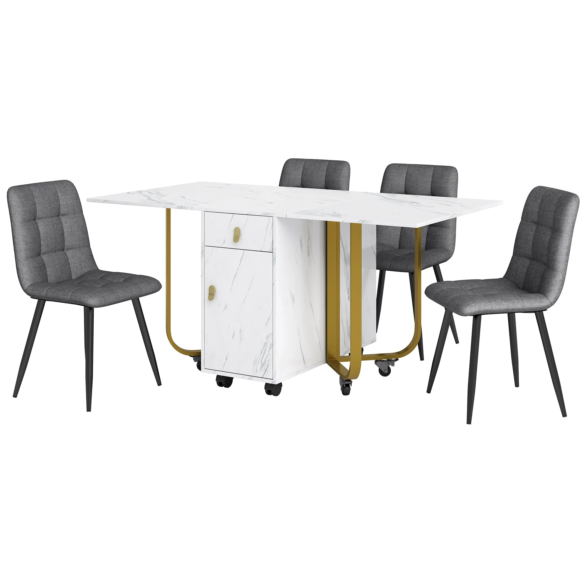 Dining Set, Folding Kitchen Table with 4 Linen Chairs, White MDF & Black Legs - Image 6