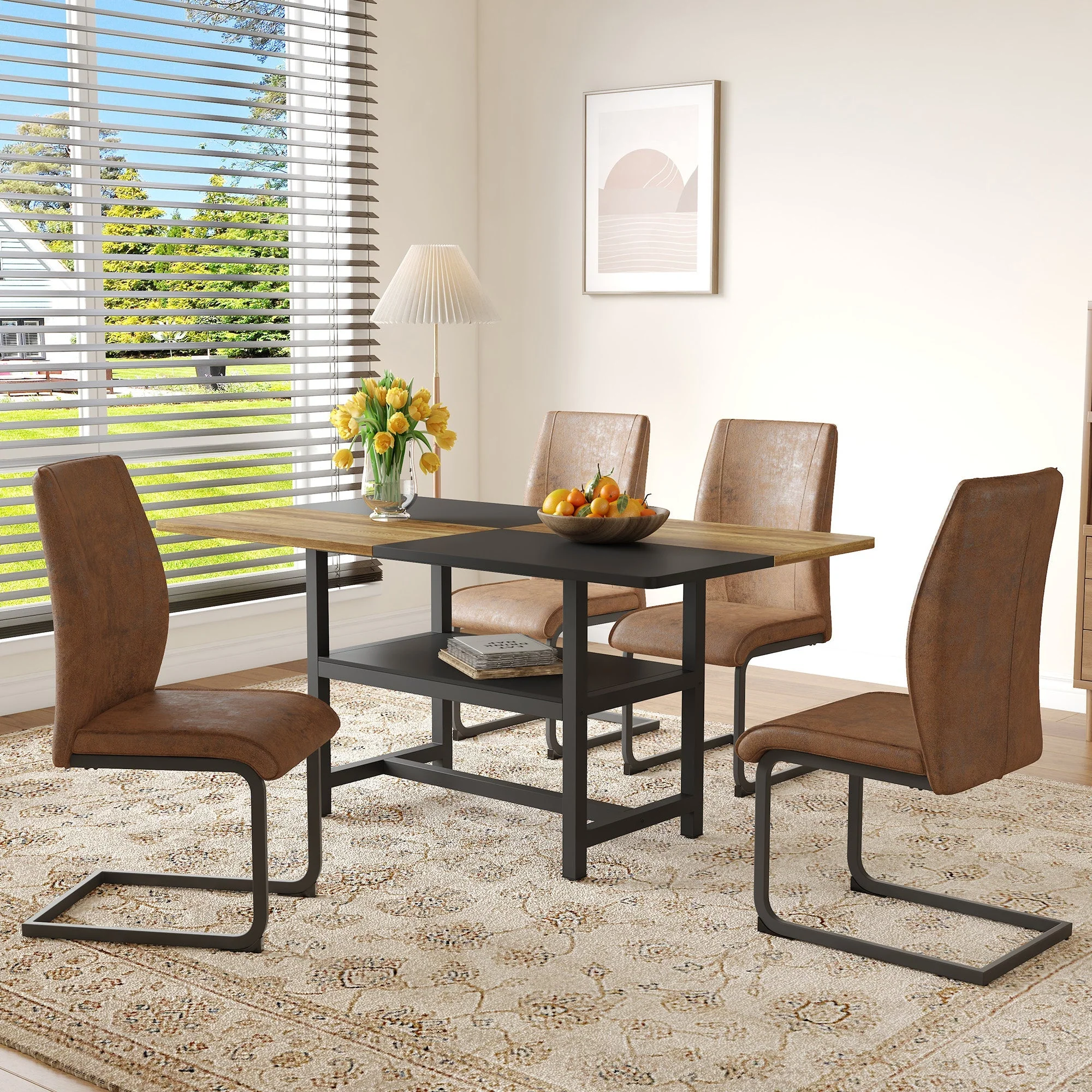 Dining Set Rectangular Table Storage Shelf 4 Armchairs 160x90cm - Brown Tech Fabric - Image 2