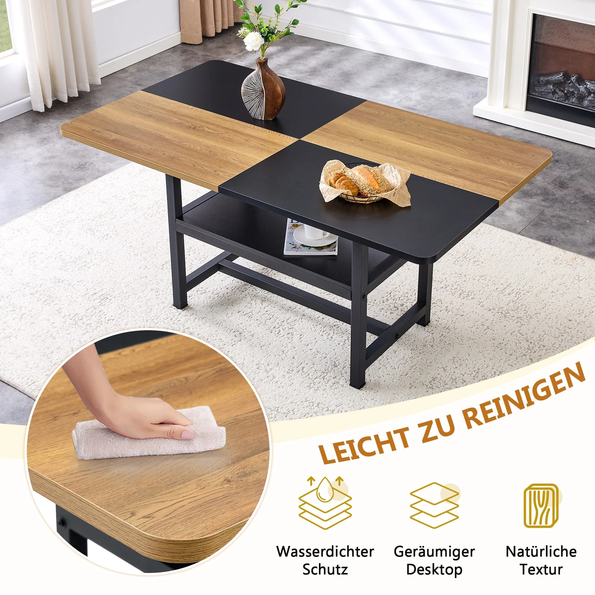 Dining Set Rectangular Table Storage Shelf 4 Armchairs 160x90cm - Brown Tech Fabric - Image 9