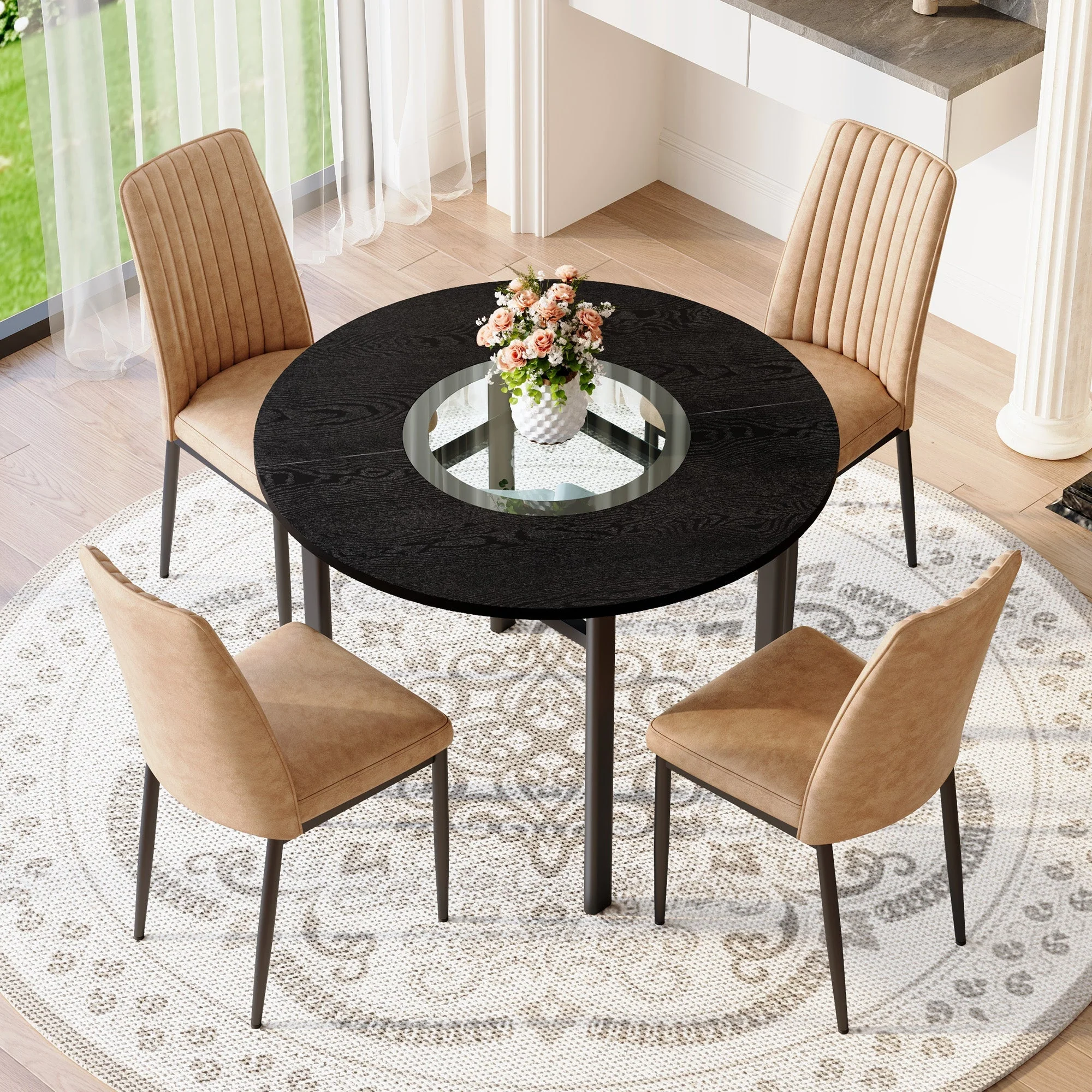 Dining Set Round 100cm Table Storage 4 Chairs - Black Wood Look/Brown Fabric