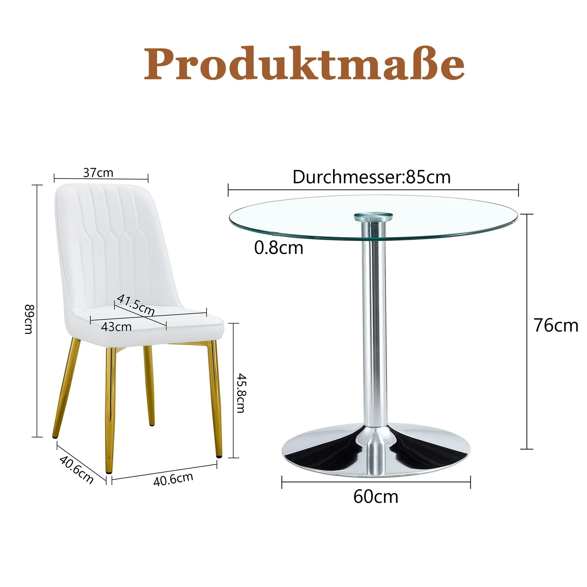 Dining Set Round Glass Table 85cm 4 PU Chairs Gold Legs - White - Image 4