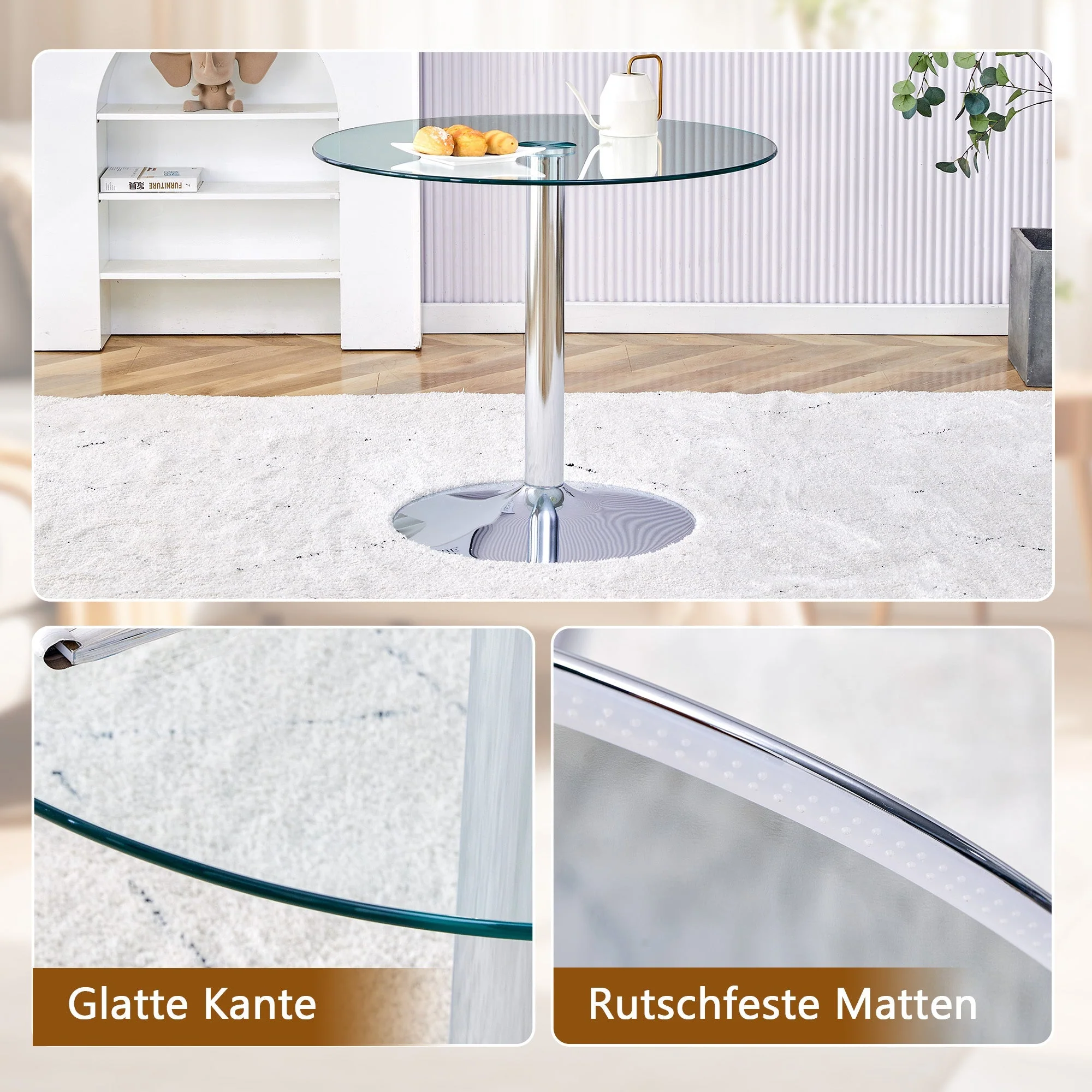 Dining Set Round Glass Table 85cm 4 PU Chairs Gold Legs - White - Image 7