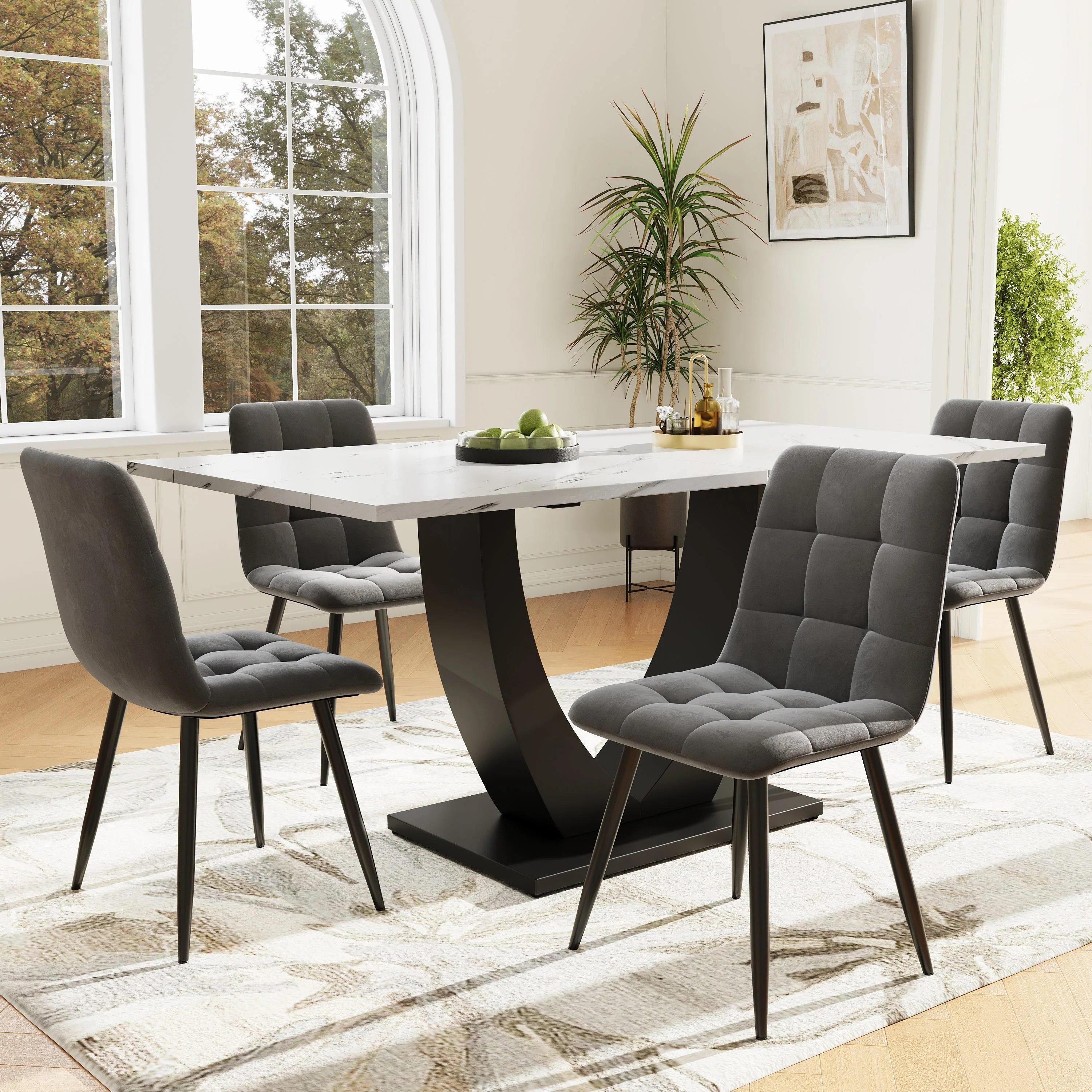 Dining Table 140x75.5cm Rectangular Marble Pattern Metal Frame Adjustable Legs - White/Black - Image 3