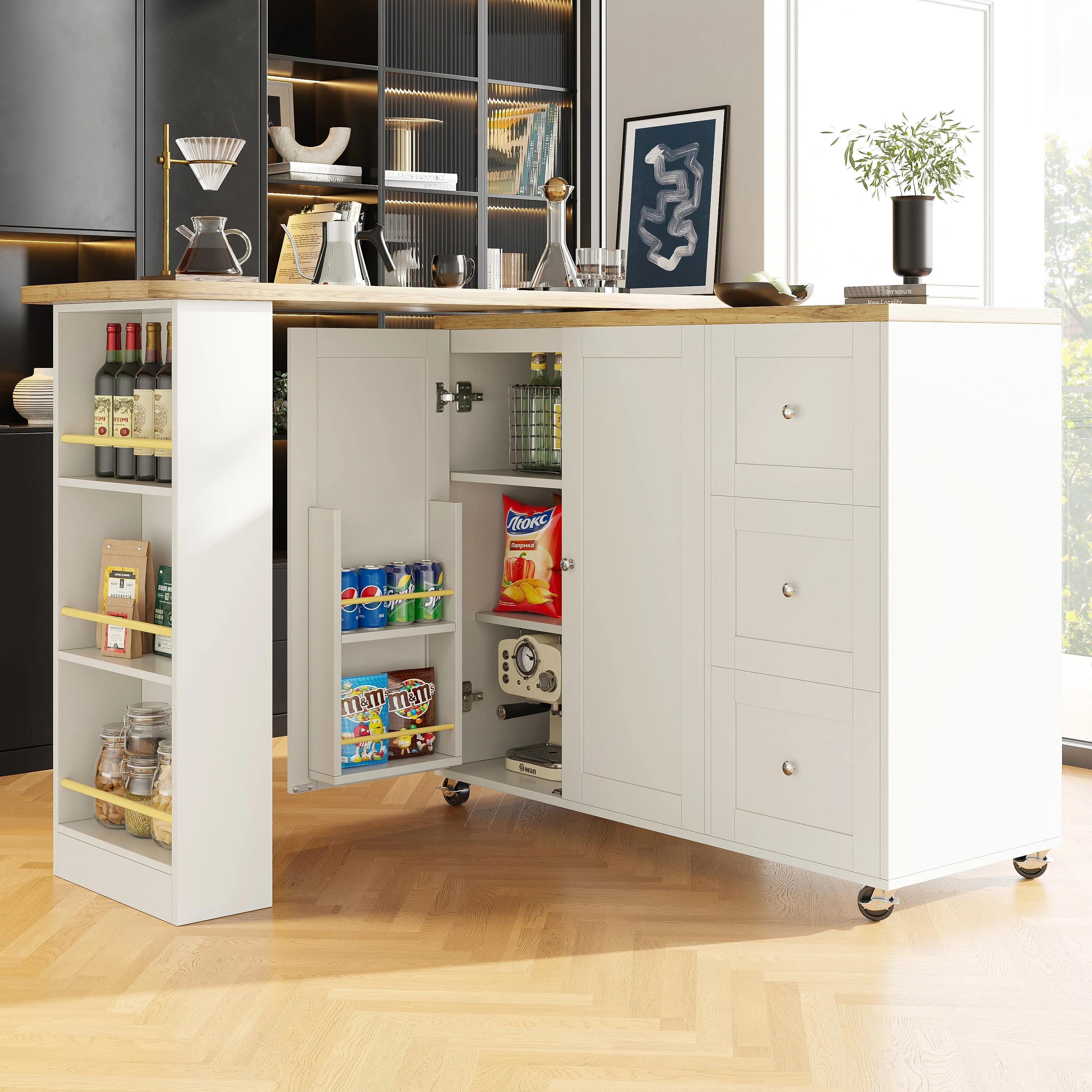 Dining Table 360° Swivelling, Bar Table, Storage Island with Drawers & Snack Rack, White - Image 2